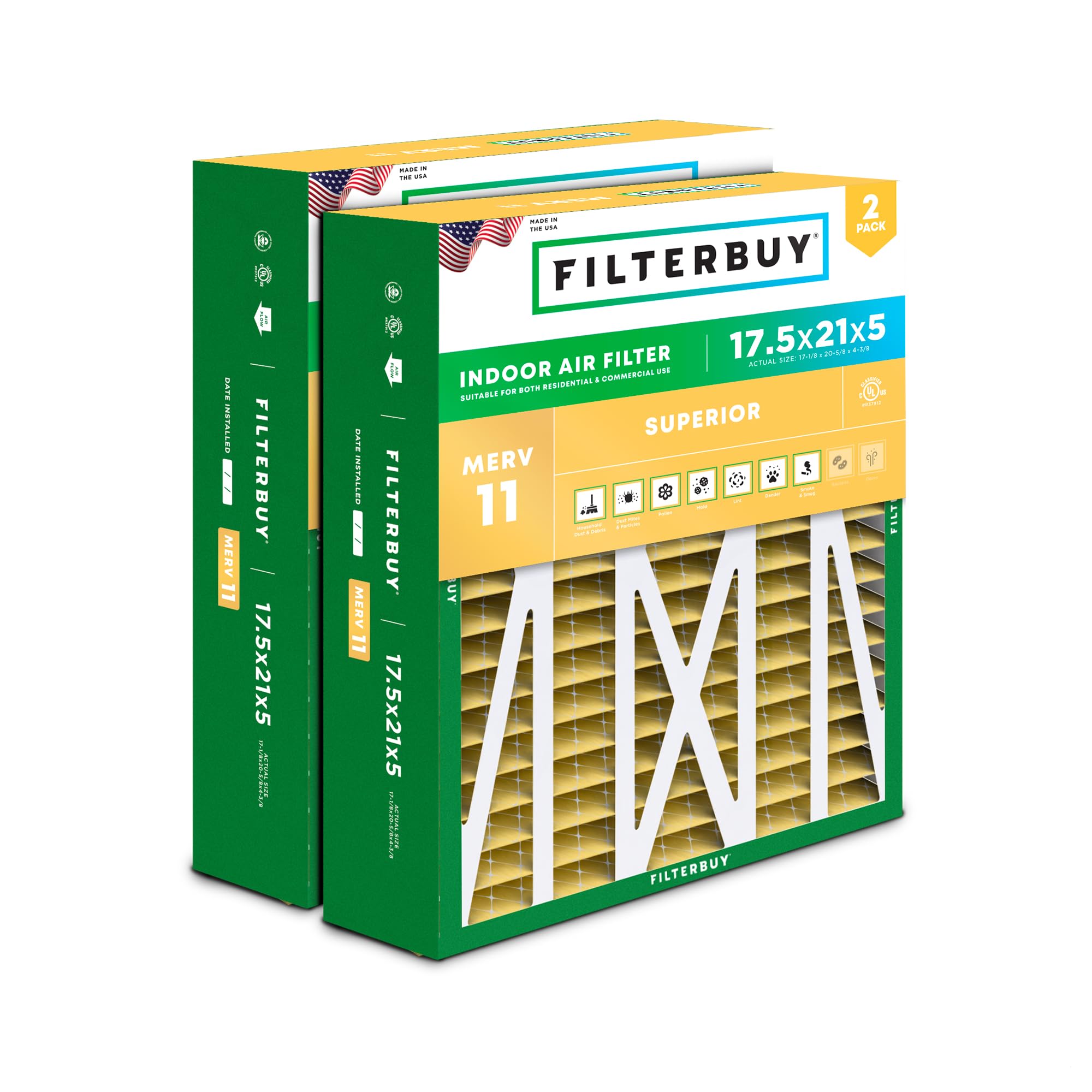 Filterbuy 17.5x21x5 Air Filter MERV 11 Allergen Defense (2-Pack), Pleated HVAC AC Furnace Air Filters Replacement for Rheem, Ruud, and Protech (Actual Size: 17.13 x 20.63 x 4.38 Inches)