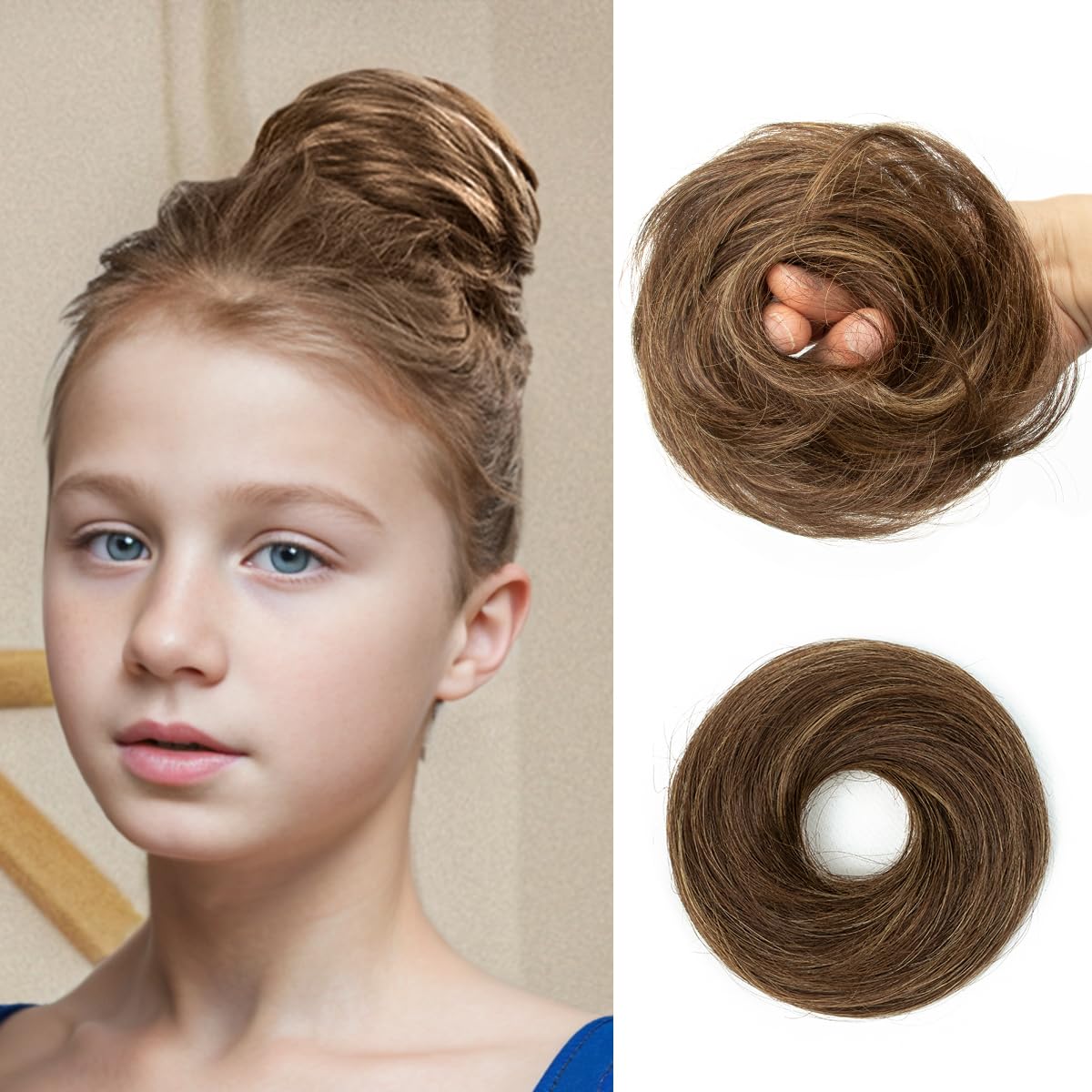 isheeny Highlight Brown Hair Bun, Messy Bun Hair Piece, Soft Fluffy Elastic Scrunchie, 30s Easy Updo for Women & Kids, Ideal for Daily Wear, Ballet,