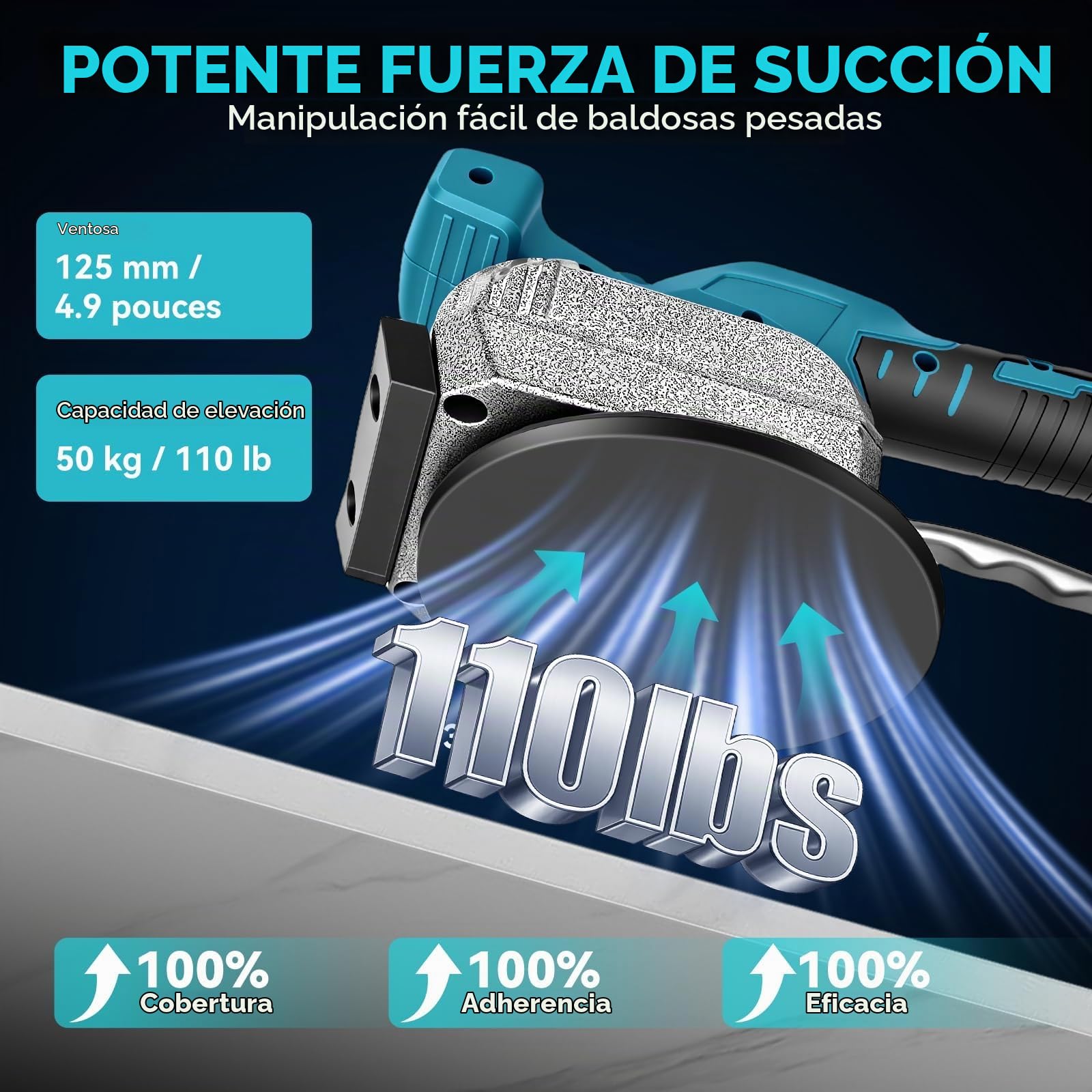 Vibrador Azulejos Inalámbrico con 2 Baterías de 2000mAh, Máquina Vibradora para Azulejos con Ventosa de 125 mm y 50 kg de Succión, 5 Velocidades Ajustables, Nivelador de Azulejos para Suelos y Paredes