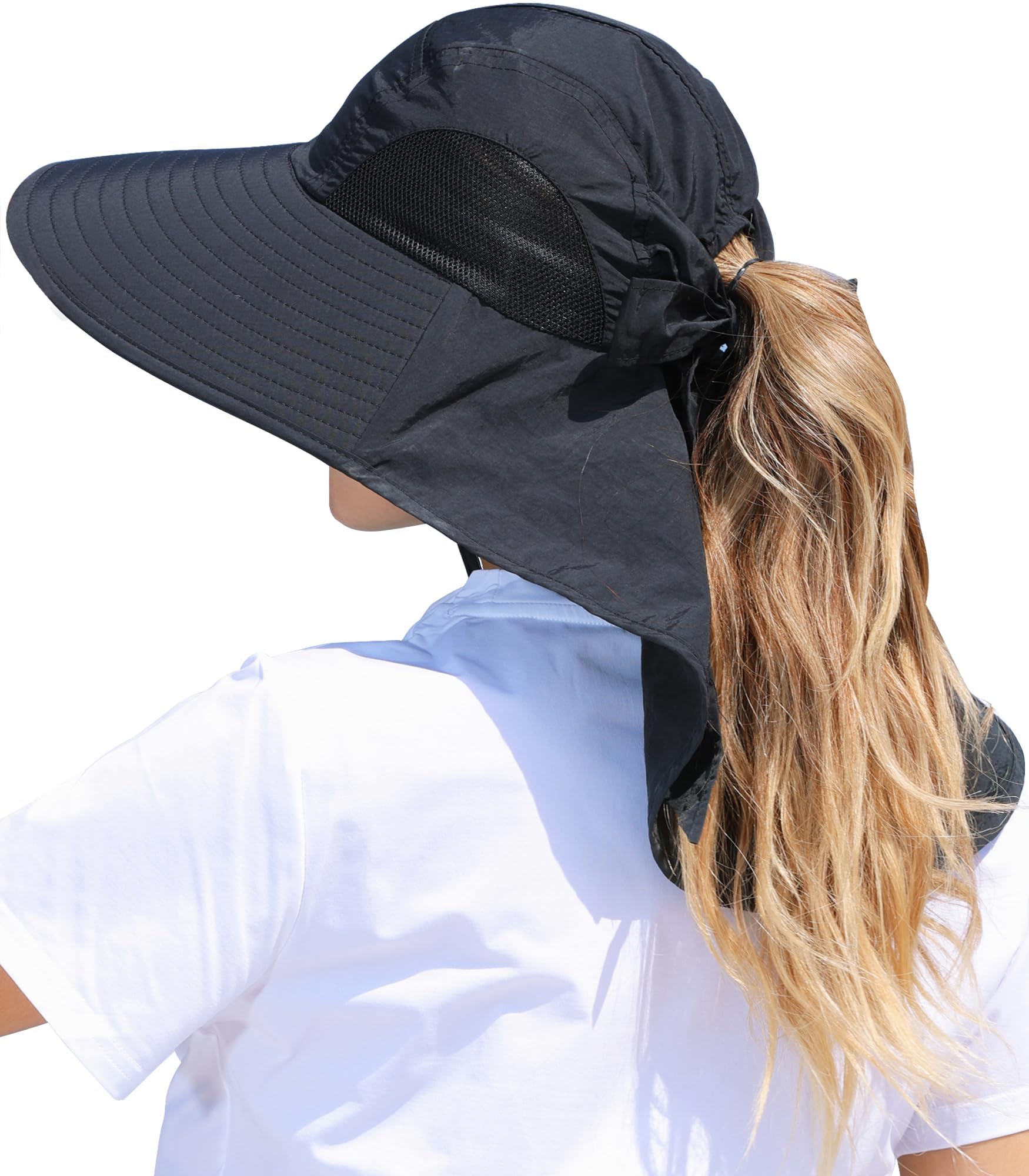 Damen Sonnenhut mit Breiter Krempe UV Schutz Wanderhut Faltbar Fischerhut Sommer Safari Hut mit Pferdeschwanzloch Gartenhut Tropenhut Strohhut Gärtner