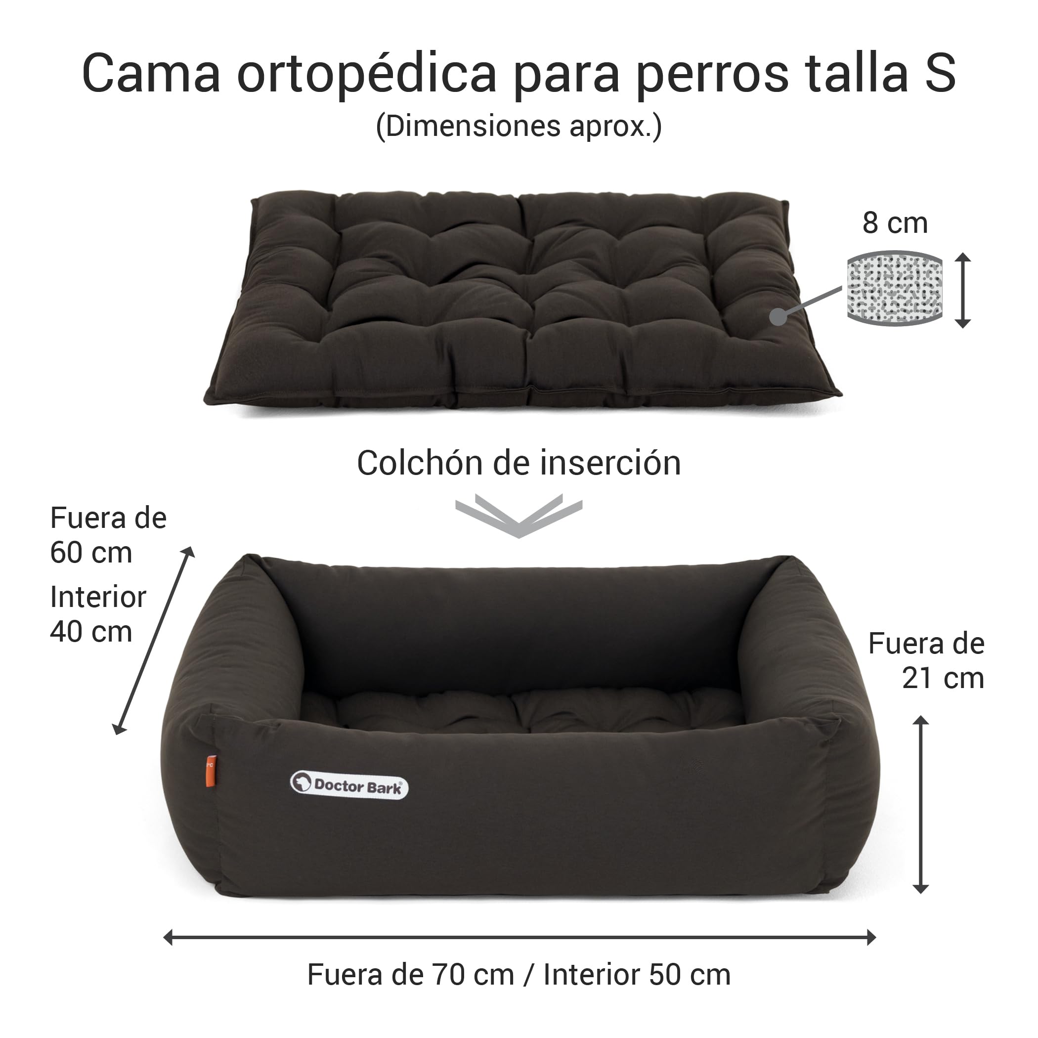 Doctor Bark Cama ortopédica, Cuna Perro, lavable hasta 95 °C, sin olor e higiénica, acogedora decoración para perros pequeños (S - 70 x 60 cm, marrón)