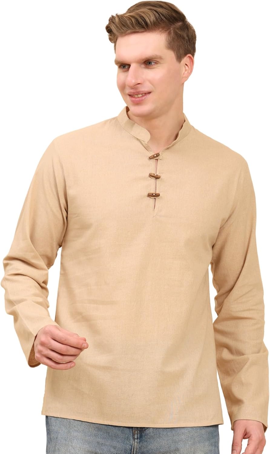 SKAVIJ Men's Cotton Linen Solid Kurta Long Sleeves Straight Regular Casual Shirt