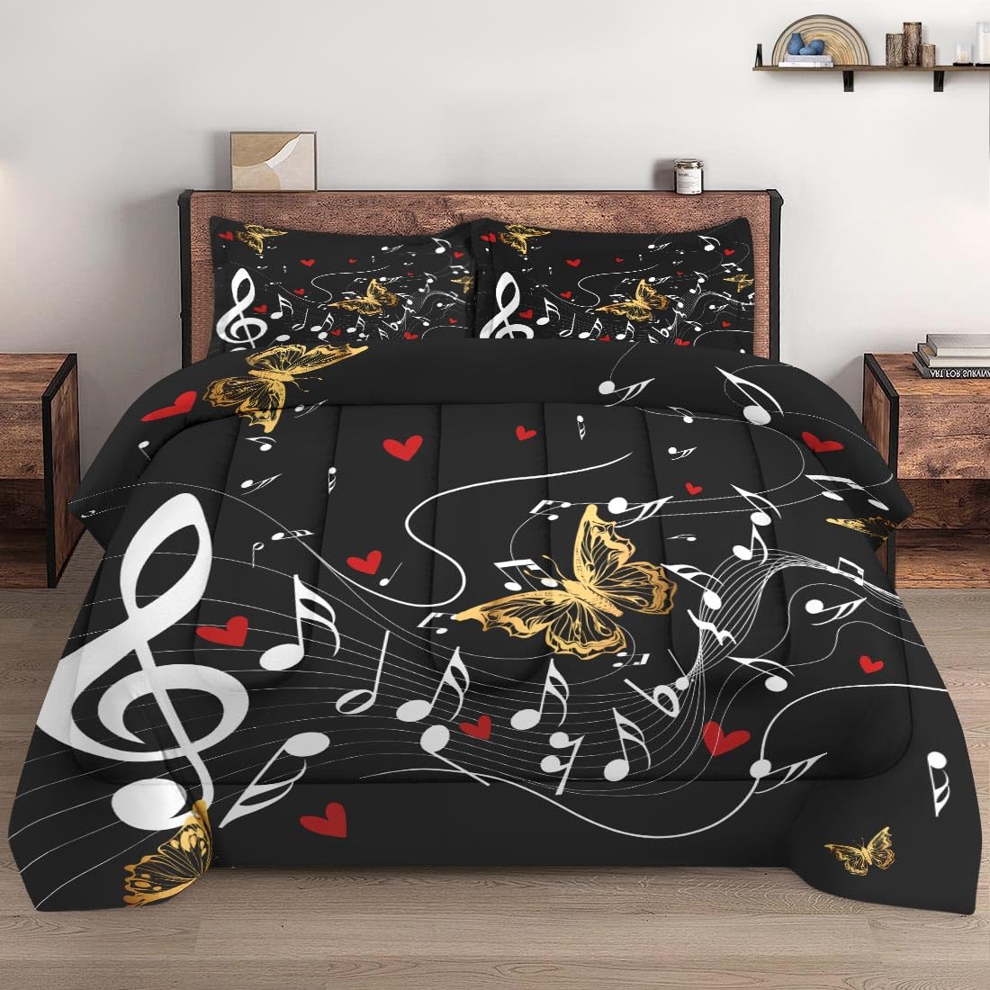 WeCozy Full Size Comforter Set with 2 Pillowcases, Music Butterfly Musical 3 Pcs Bedding for Kids and Adults, Song Black Tone Soft Comforter Set for Bedroom Bed Decor