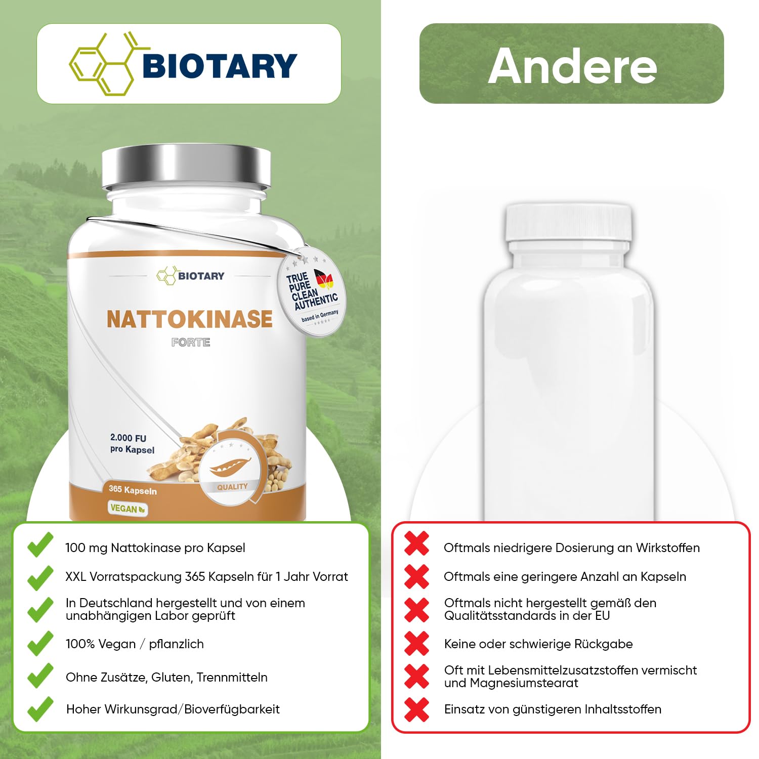 Nattokinase 365 Kapseln mit 2000 FU pro Tagesportion aus GMO freiem Soja inklusive Pillenbox 12 Monate Vorrat 100% vegan reine Rezeptur geprüfte Qualität