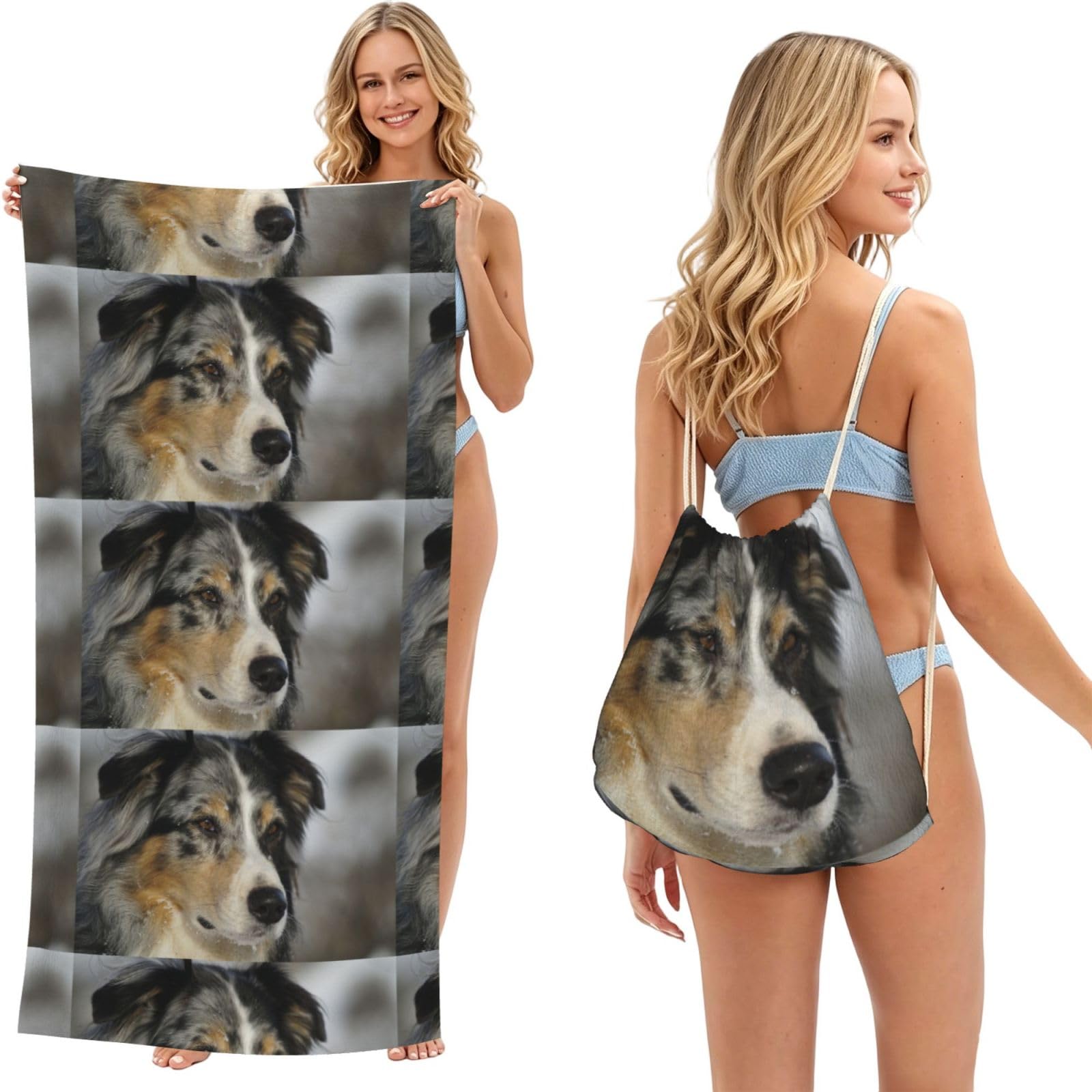 Poadnly As Picture Australian Shepherd, 2 In 1 Packable Towel Bag, Beach Towels With Drawstring Backpack For Travel Holiday Camping