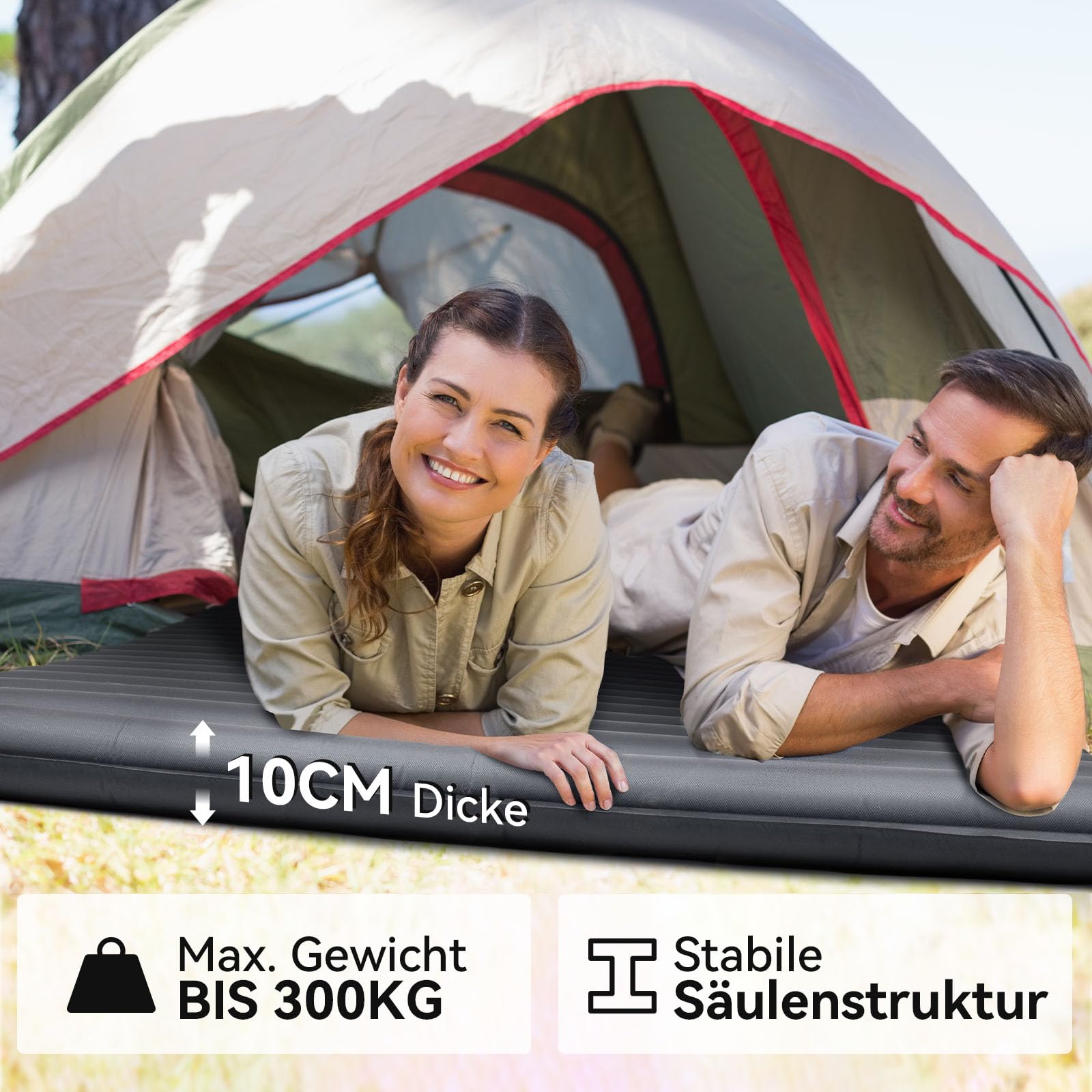 HIKENTURE Luftmatratze für 2 Personen, Doppel Isomatte Aufblasbar, Camping Schlafmatte 140cm mit Pumpsack, für Camping, Outdoor, Wandern, Strand, Grau