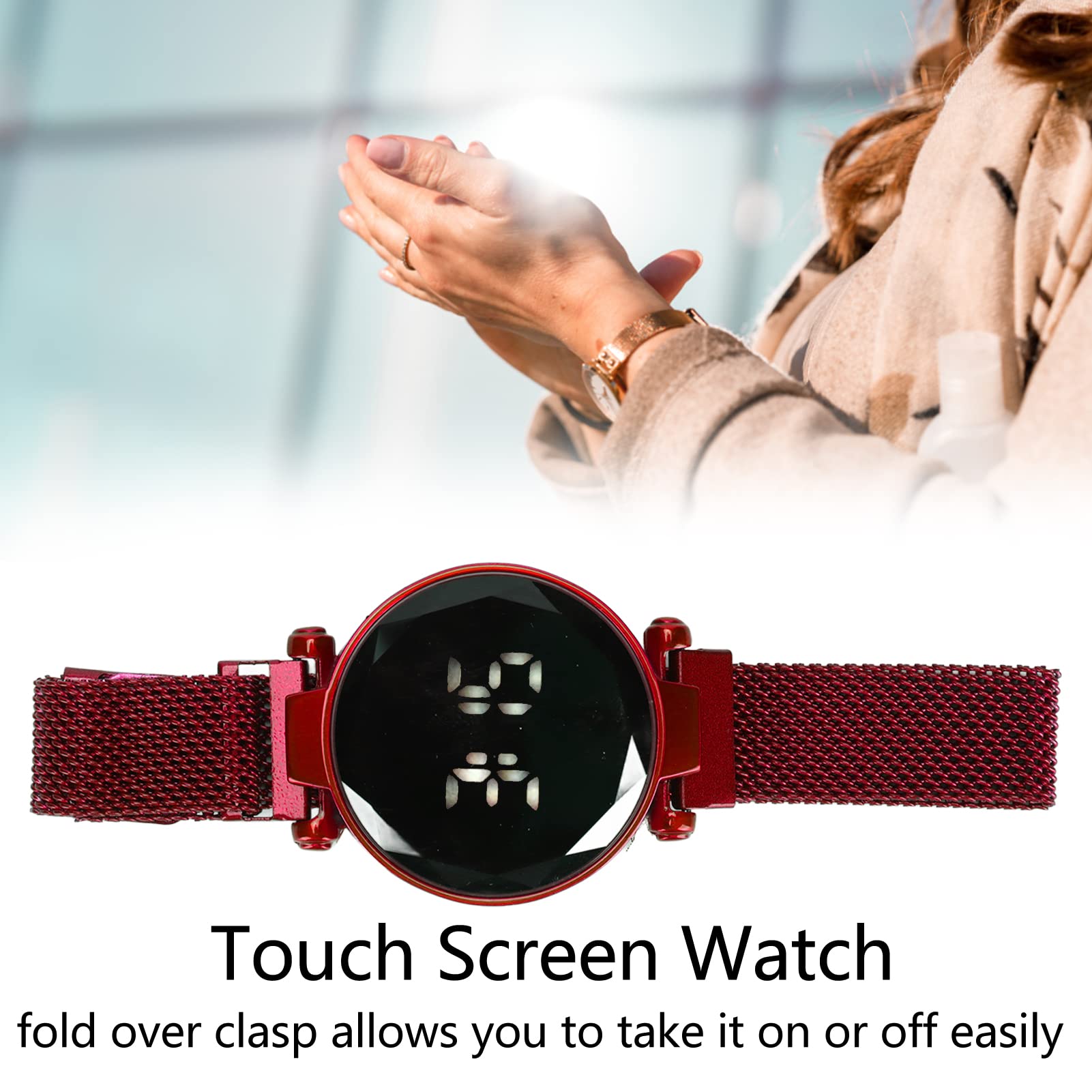 Orologio LED Touch Screen Per Donna, Design Rotondo Alla Moda In Lega E Vetro, Display Ampio, Chiusura Pieghevole, Colore Rosso
