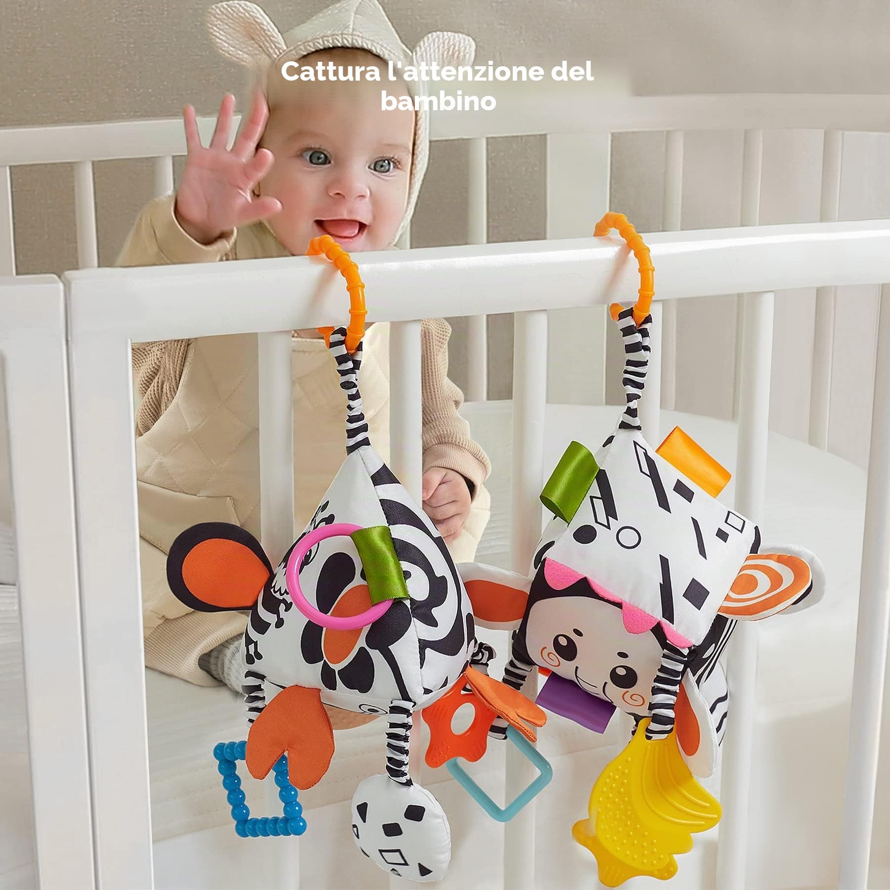 TUMAMA Kids Giocattoli per Neonati ad Alto Contrasto, Giocattolo da Appendere al Passeggino per Bambini Piccoli, Sonagli Morbidi e Sensoriali, Regalo Bianco e Nero per Neonati 0 3 Mesi