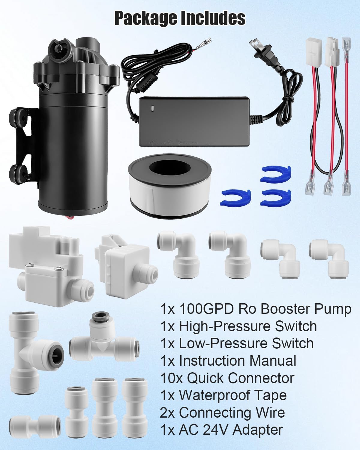 Water Booster Pump for 100GPD Home RO System, Water Filtration System High Pressure Pump with Auto On/Off Switch, Easy Installation Kit for Reverse Osmosis Systems