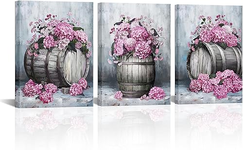 sechars Arte de pared floral de hortensias con flores rústicas en barril de madera, impresiones artísticas en lienzo, decoración de pared de cocina