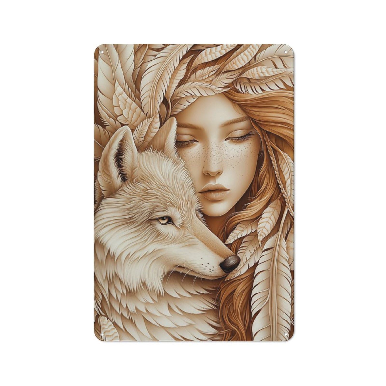 Junmoney Style-14 Metal Plaque 30X20cm With Wolf And Woman In Feathers For Hallway Wall, Rustic Decor, A Metal Wall Feature For Hallways And Entrance Areas