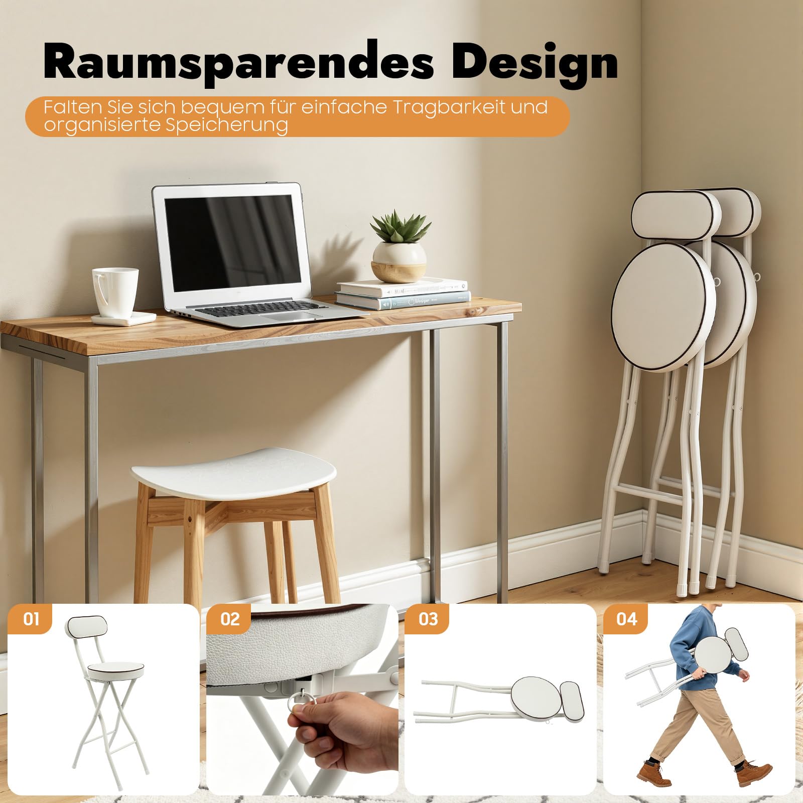 Taburete de bar plegable, juego de 2 taburetes de cocina plegables con respaldo, silla redonda acolchada, silla de desayuno de 65 cm de altura, silla alta plegable, ayuda de pie para