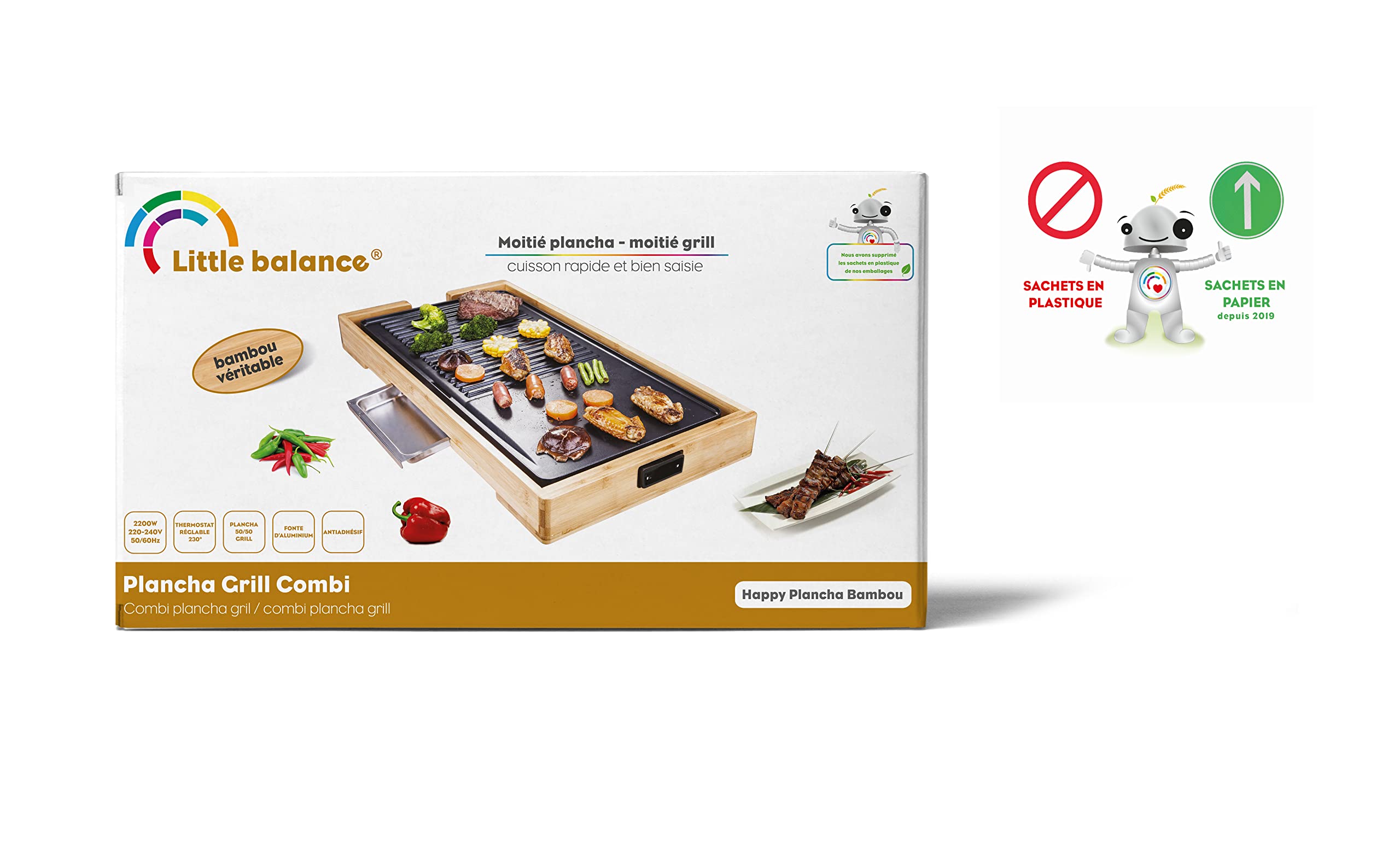 LITTLE BALANCE Happy Plancha Bambù 8280 - Piastra elettrica 2 in 1: Piastra e Grill - 1 singola teglia - Tutti i tipi di alimenti - Potenza 2200 W - Bambù genuino
