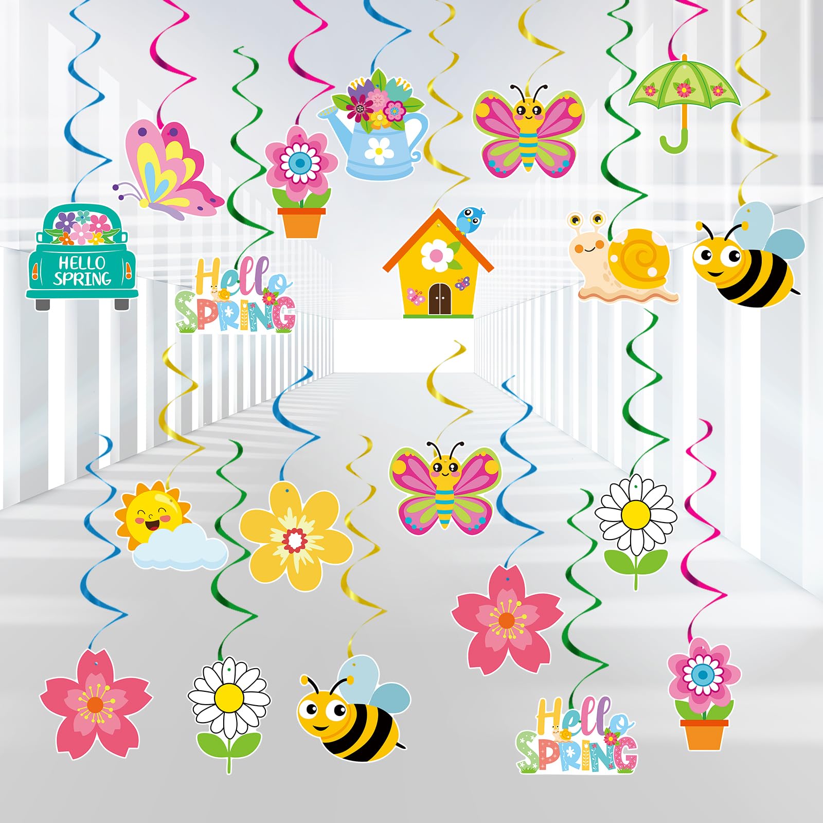 YQUQWN 48 PCS Spring Hanging Swirls Decorations, Sun Flowers Butterfly Ceiling Swirls, Spring Summer Birthday Party Baby Shower Spring Streamers Decor, Spring Party Decorations for Classroom, Office