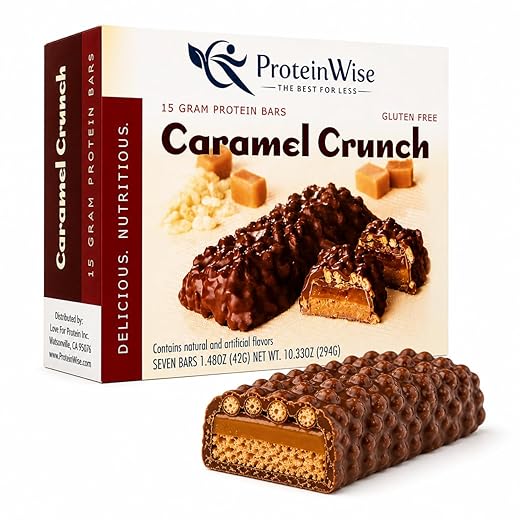 ProteinWise Caramel Crunch Protein Bars, Bariatric, Gluten Free Snacks, Diet Bars, Gluten Free Protein Bars, Whey Protein Isolate, Healthy Snacks, Trans Fat Free, Low Carb, Weight Loss Support, Low Calorie, 7 Count