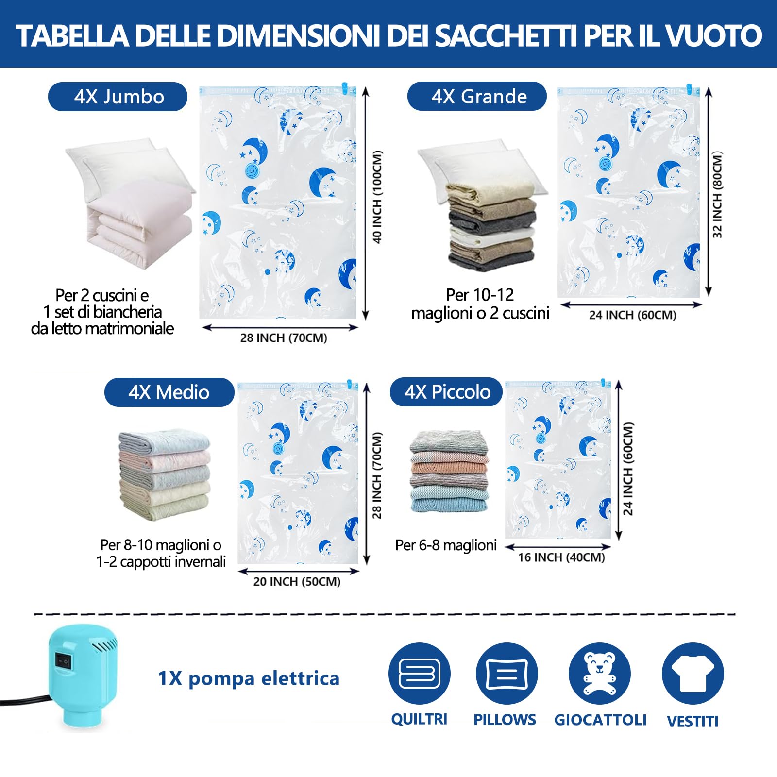 SZO Sacchetti sottovuoto per piumoni con pompa elettrica 16 pezzi (4 Jumbo, 4 Grandi, 4 Medi, 4 Piccoli) Viaggio Sgonfiaggio rapido Salvaspazio per piumoni vestiti cuscini biancheria da letto
