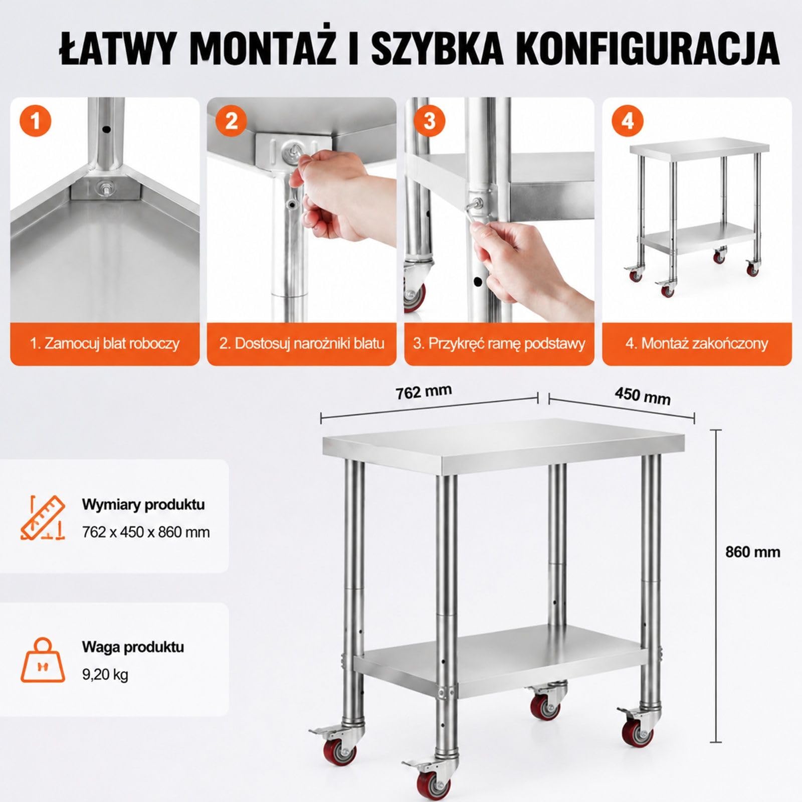Stół roboczy ze stali nierdzewnej na 4 kółkach z regulowaną dolną półką do kuchni, baru i restauracji