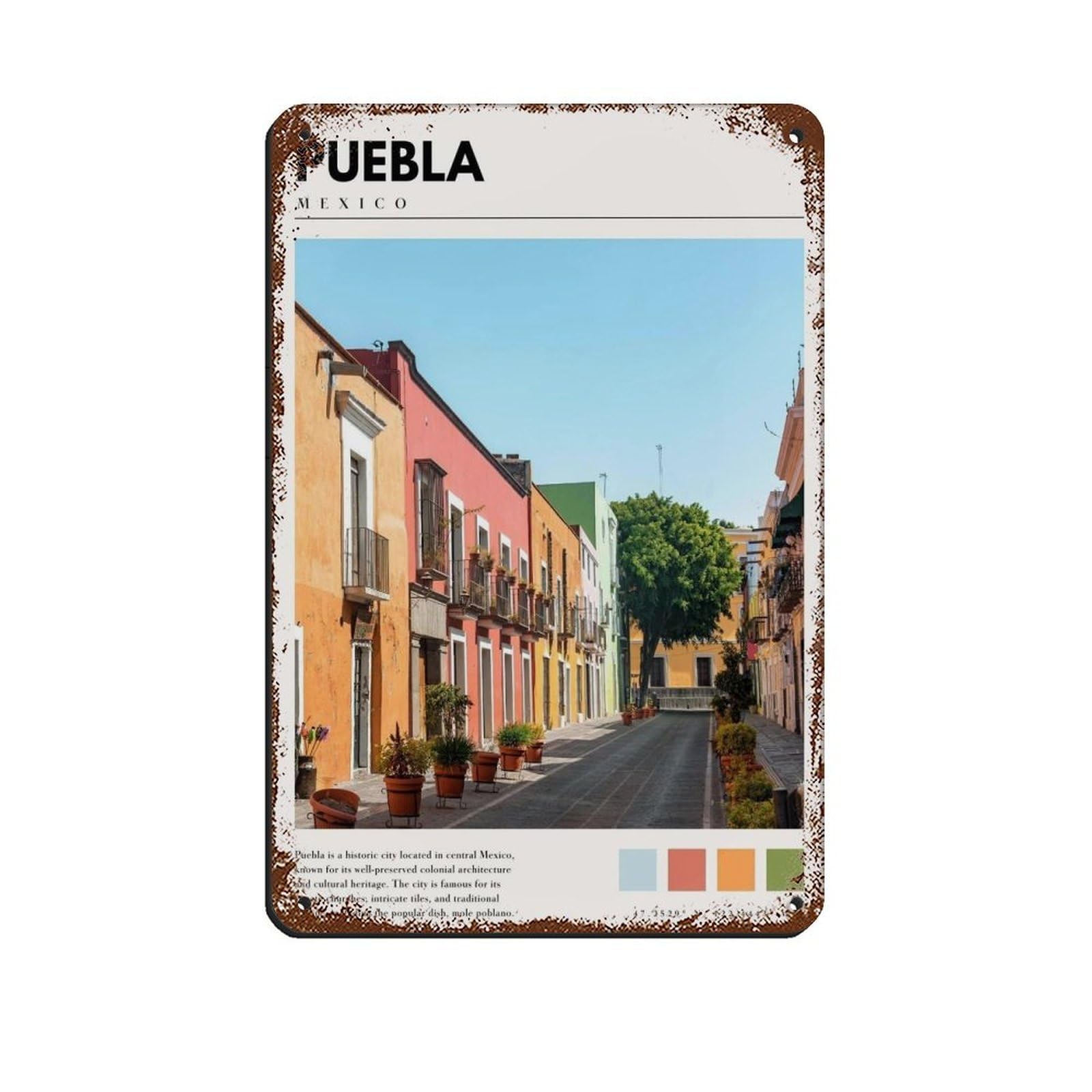 Puebla Mexico Poster Mexico Art Tin Sign Vintage Metal Pub Club Cafe Bar Home Wall Art Decoration Poster Retro 8x12inch(20x30cm)