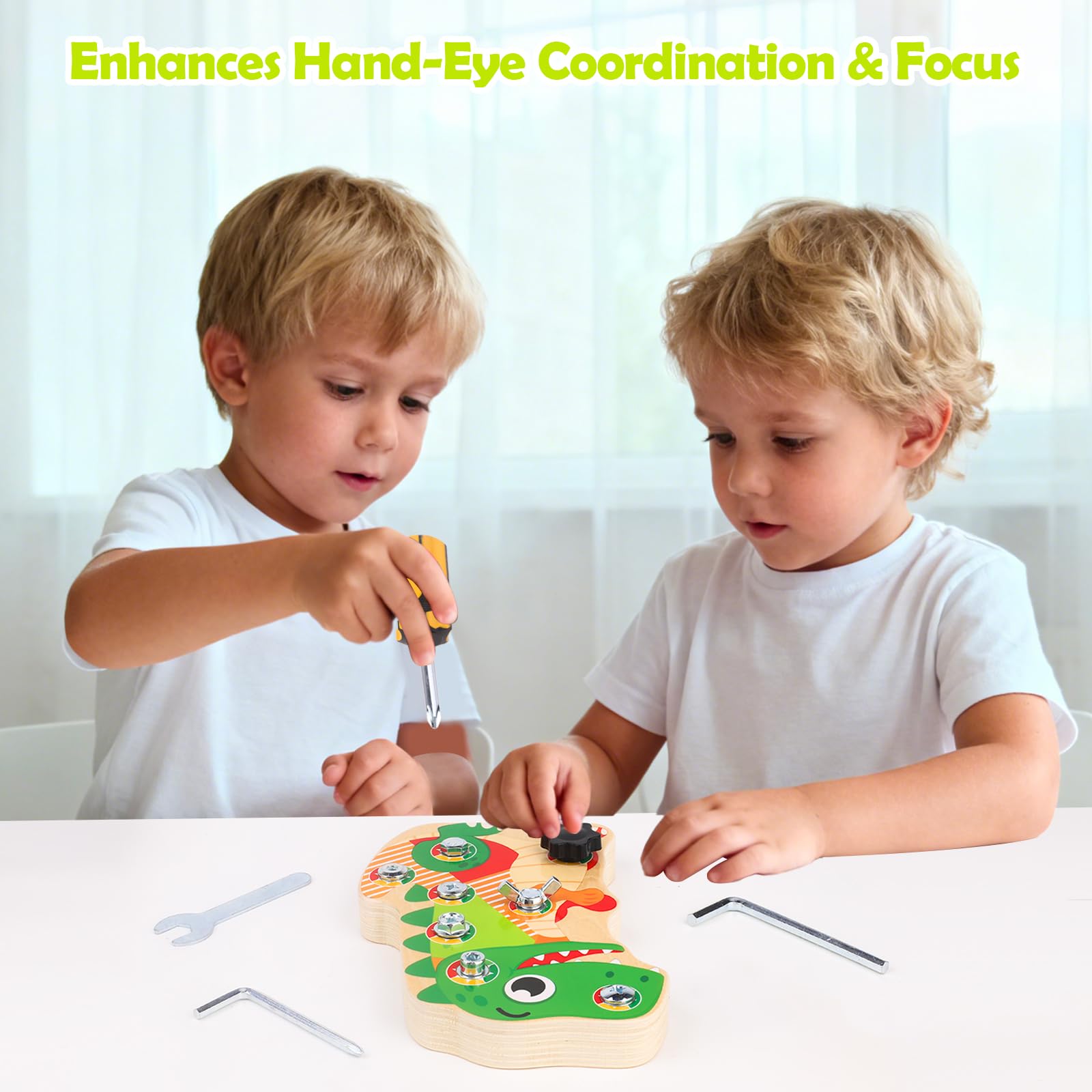 LYOKELC Montessori Screwdriver Board for Toddlers 3+, Wooden Dinosaur Busy Board with Screws & Tools - Image 2