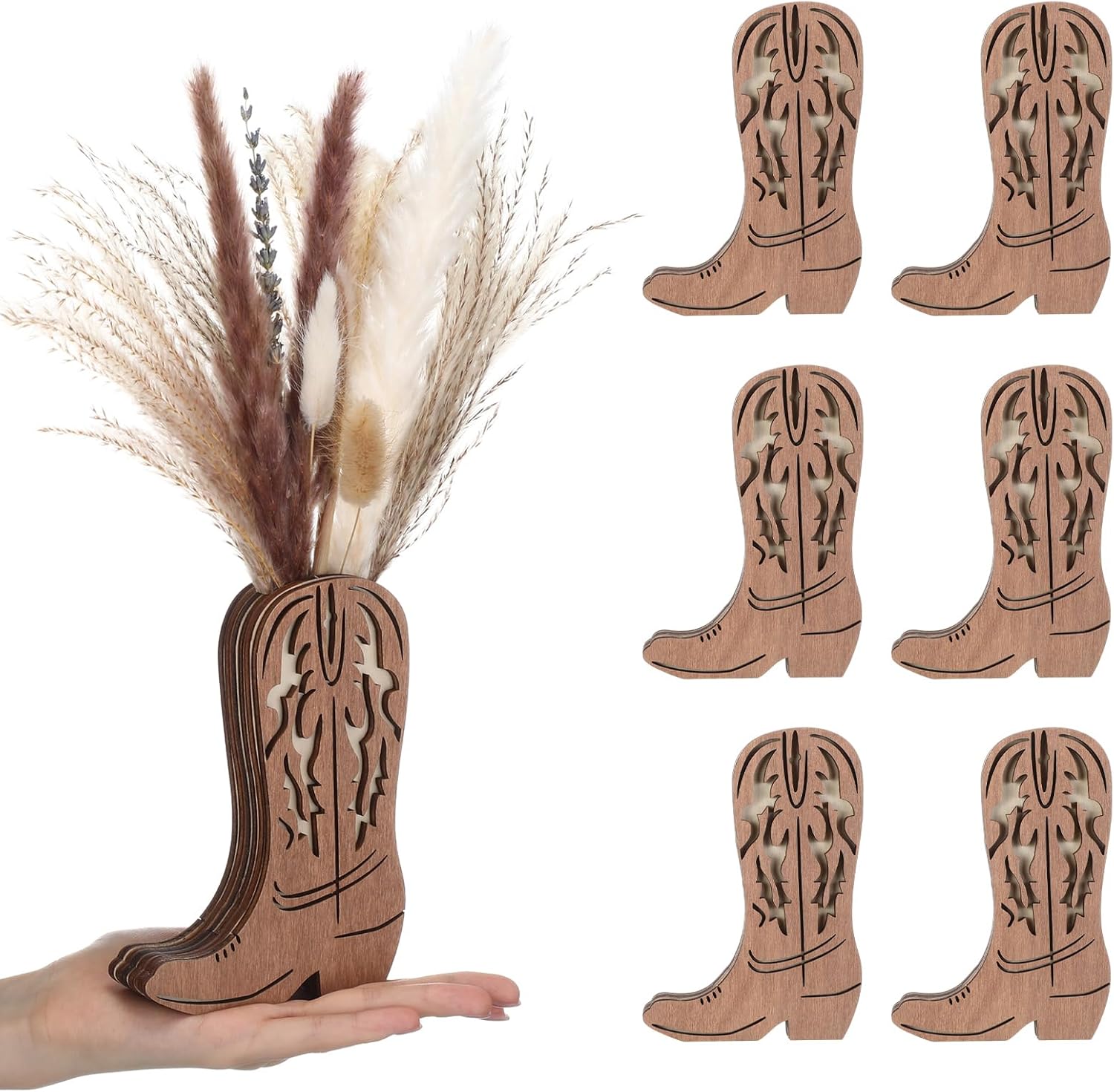 lemonroad 6 pcs wooden cowboy boot vases for wedding 6 x 4'' small cowboy boot flower vase for flower faux greenery rustic western decor for table centerpiece weddings home party