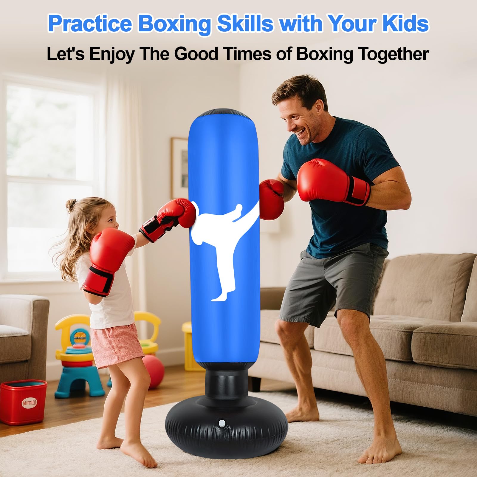 Sacco da Boxe da Terra, 160cm Sacco da Boxe per Bambini Gonfiabile Punching Ball Bambini 3 ai 12 Anni, Sacchi da Kickboxing per Karate Taekwondo MMA Fitness Allenamento a Casa