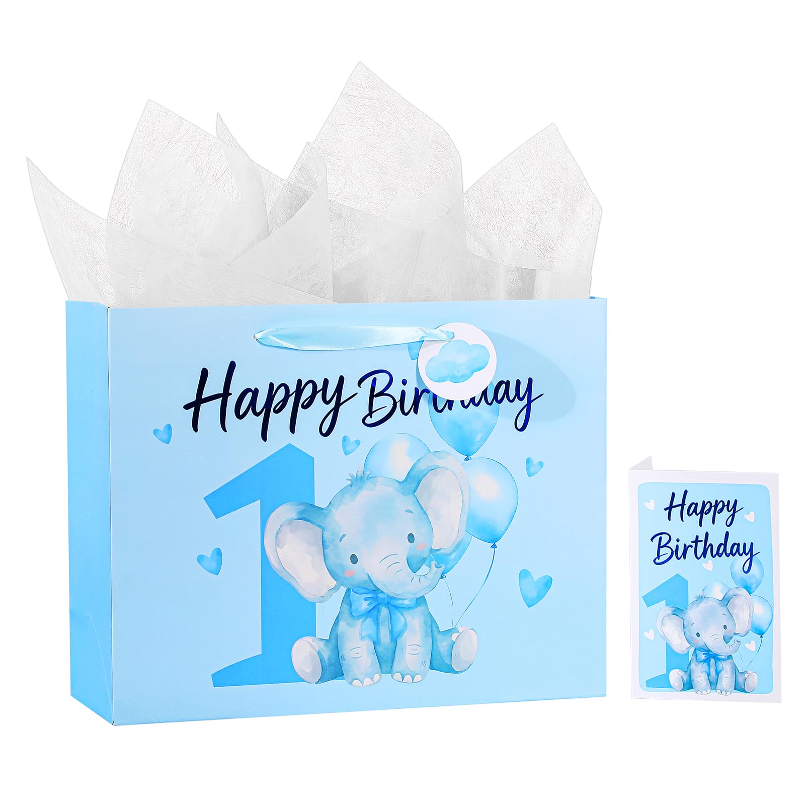 13" 1st Birthday Gift Bag with Tissue Paper &amp; Card(1 Pack Light Blue)