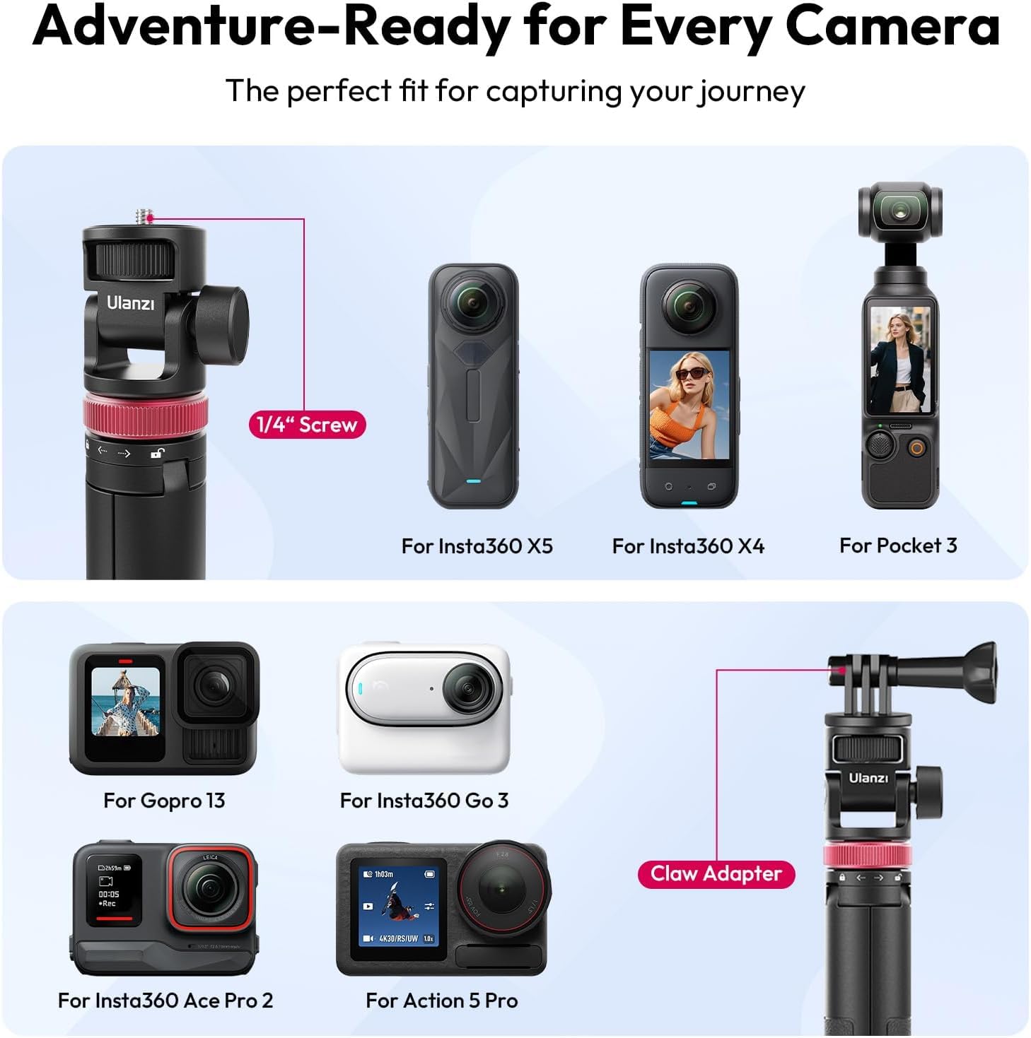 Ulanzi MT-71 Trépied à Selfie pour caméra 150 cm Longueur Invisible Extensible Poignée Portable léger 7 Sections pour Action Camera Hero 11 10 9 8 7 Noir/insta360 One DJI Action