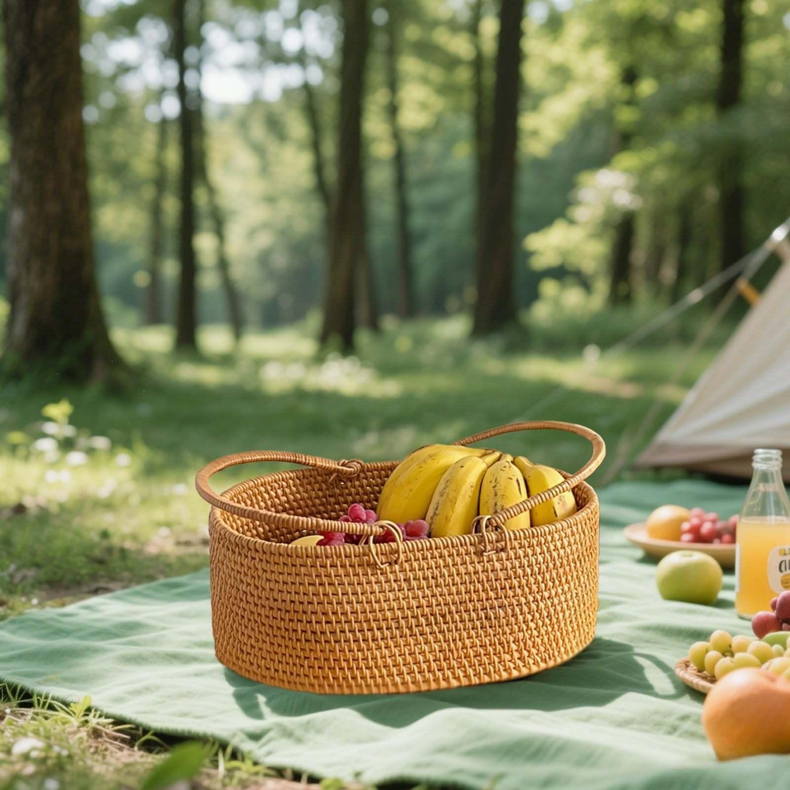 Ręcznie wykonany owalny kosz na zakupy, idealny na owoce, chleb lub do przechowywania, styl vintage, wygodne podwójne uchwyty, rattanowy duży piknik