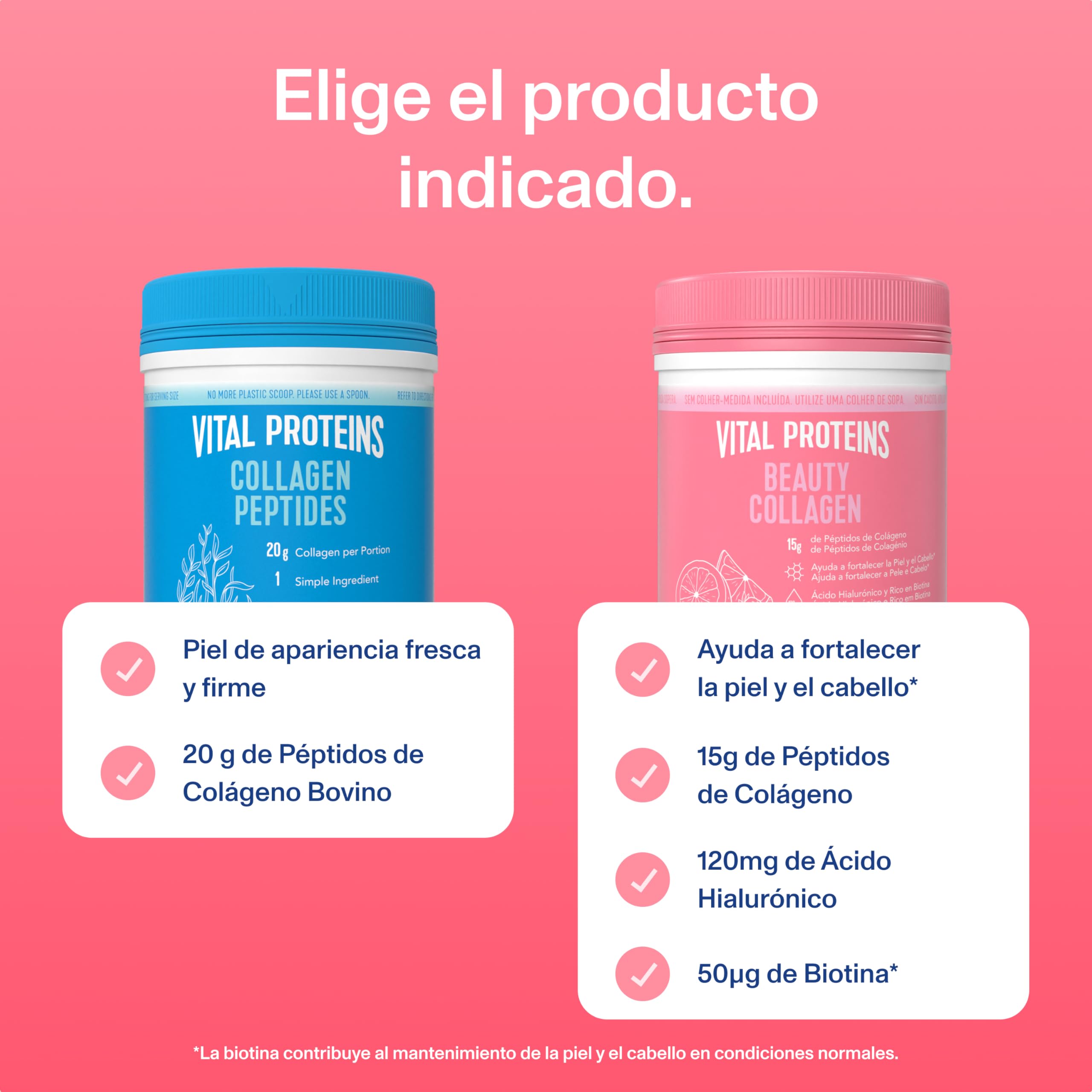 Vital Proteins Beauty Collagen en Polvo 271 g, Péptidos de Colágeno Hidrolizado, Ácido Hialurónico, Rico en Biotina. Suplemento alimenticio para la Piel, Cabello y Uñas. Sabor Fresa-Limón.