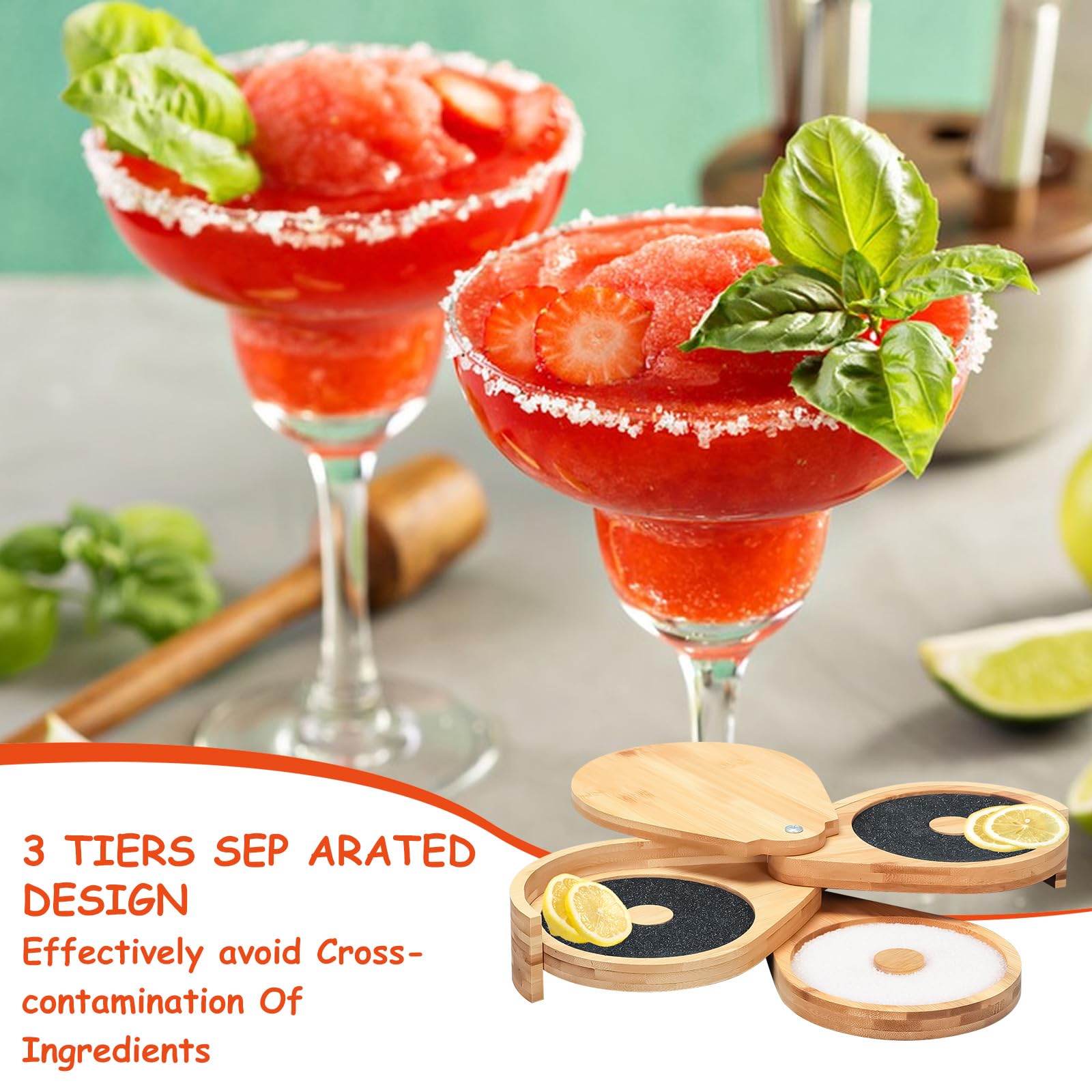 Margarita Salt Rimmer Set, 3 Tier Rimmer for Cocktails Bar Glass Rimmer with Lid Bamboo Bar Accessories for Bloody Mary
