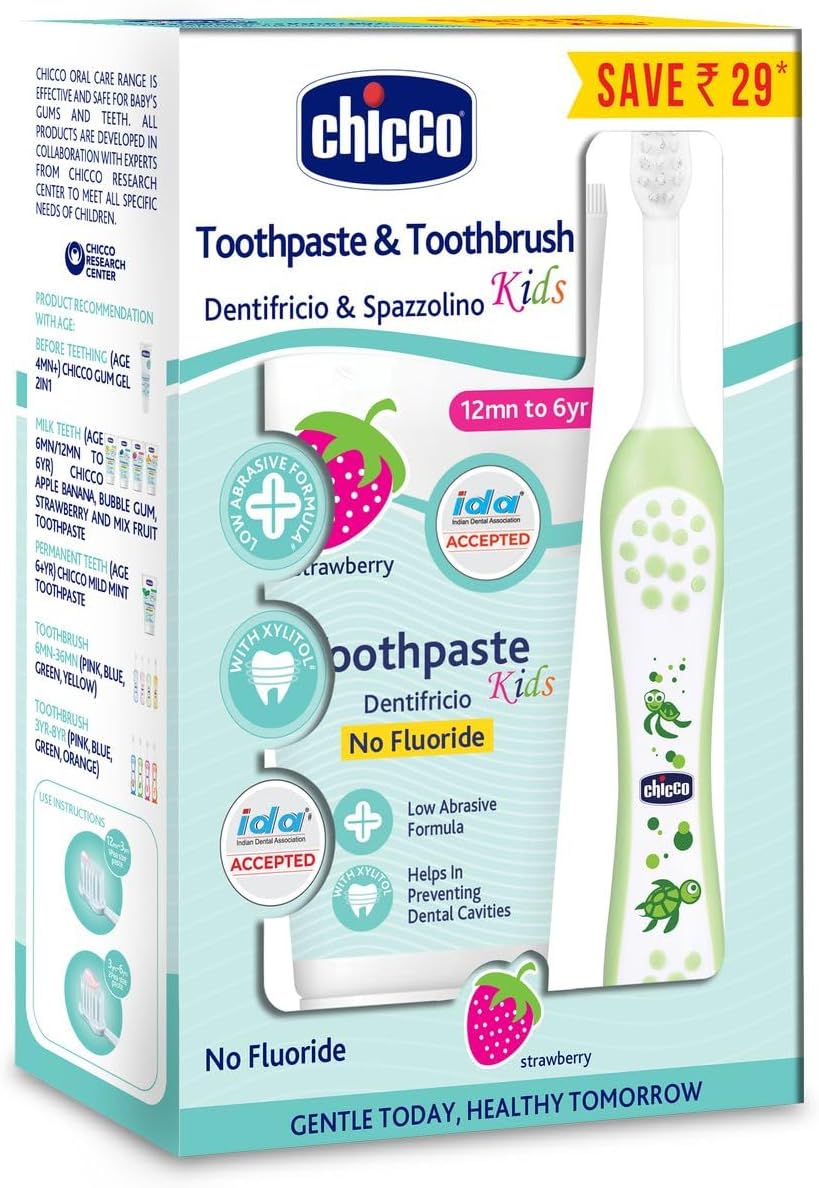 Chicco Toothpaste Strawberry + Brush Green 6-36M, Enamel Protection