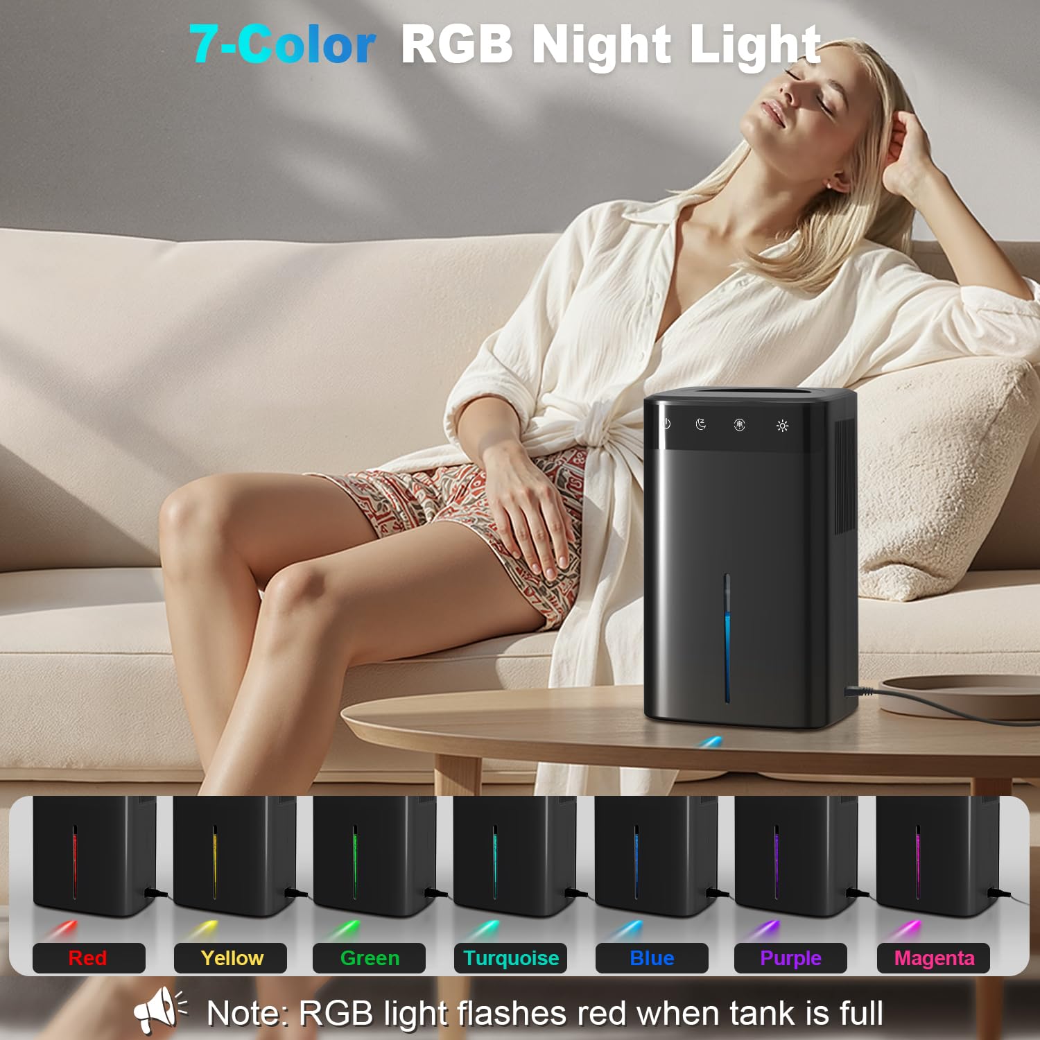 Deumidificatore Elettrico 2.6L, Silenzioso per Casa, Cantina, Bagno & Camera da Letto fino a 32 m², con Luce RGB, Spegnimento Automatico e Modalità Notturna, Risparmio Energetico