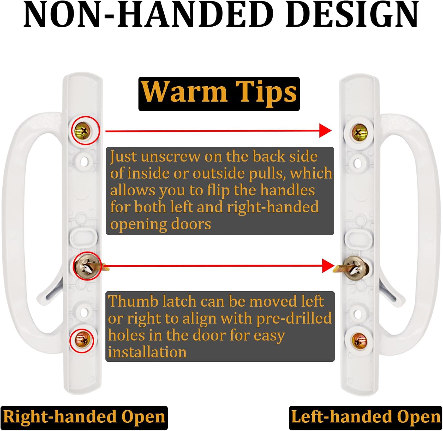 Sliding Glass Patio Door Handle Replacement Set Non-Keyed Offset Position Zinc Diecast I/E Pull Handles, Fits 1-3/8" to 2-1/4" Thick Doors, 3-15/16" Hole Spacing, Non-Handed, White