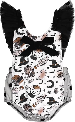 IDOPIP Traje de Halloween para bebé niña 1er Halloween, mameluco de fantasma con volantes, sin espalda, ropa de una pieza para cumpleaños de pastel