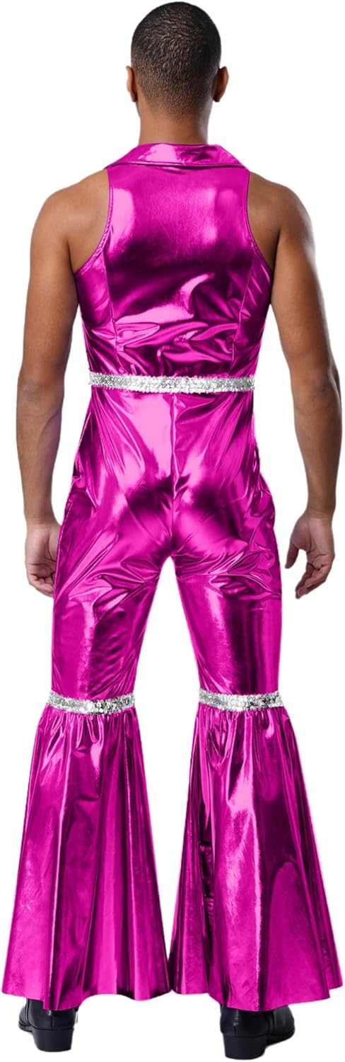 TiaoBug Mens 70s Disco Hippies Costume Shiny Metallic Unitard Sleeveless Bodysuit One Piece Jumpsuits