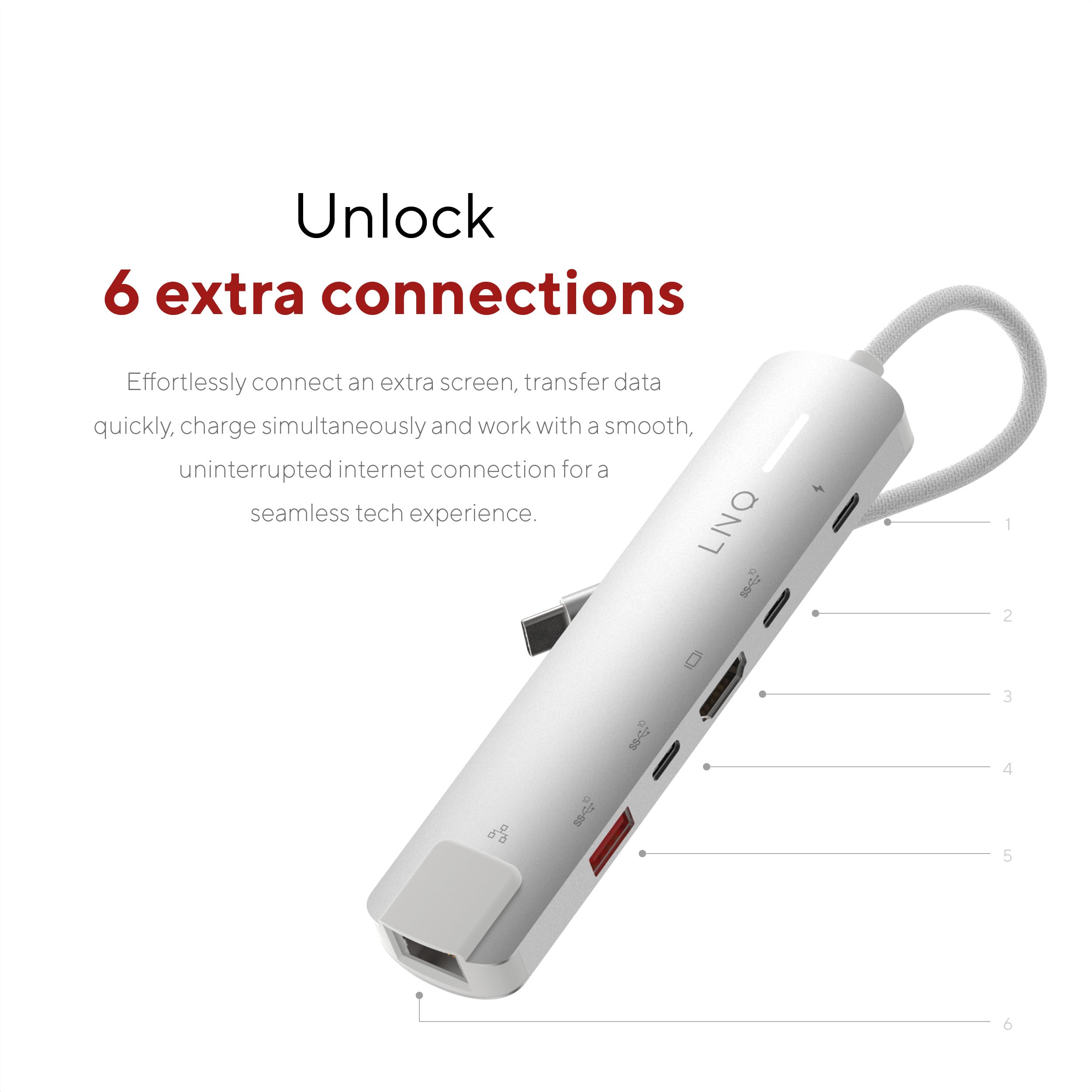 LINQ Connects Pro-C - Concentrador multipuerto 6 en 1 con HDMI 4K y Ethernet, 10 Gbps, Apto para portátiles y Tablets