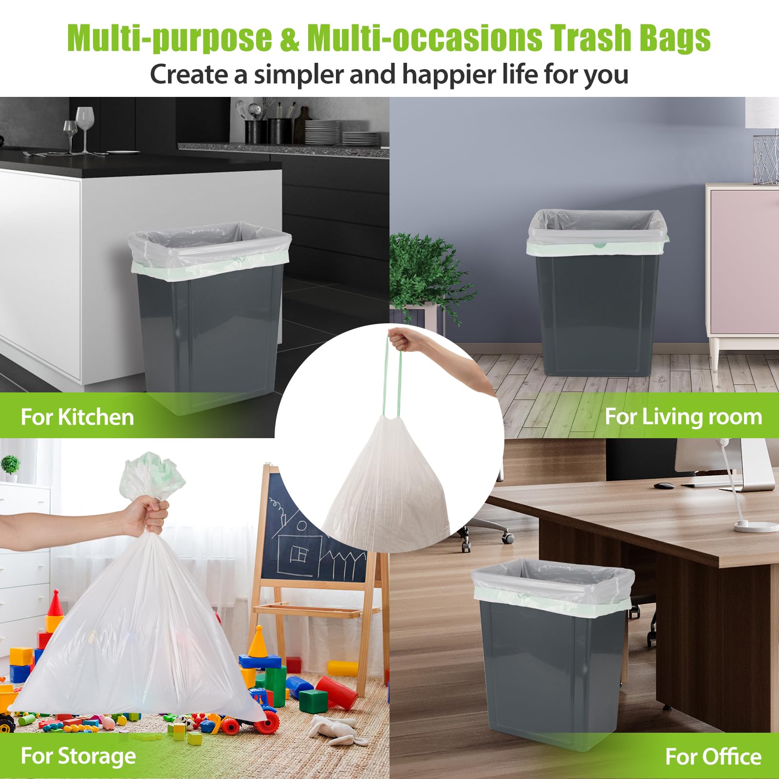 ValueGuard Bolsa de basura grande de 13 galones, ultra fuerte, con cordón alto, reciclada, estándar, para cocina, oficina, 0.6 mil (110 unidades)