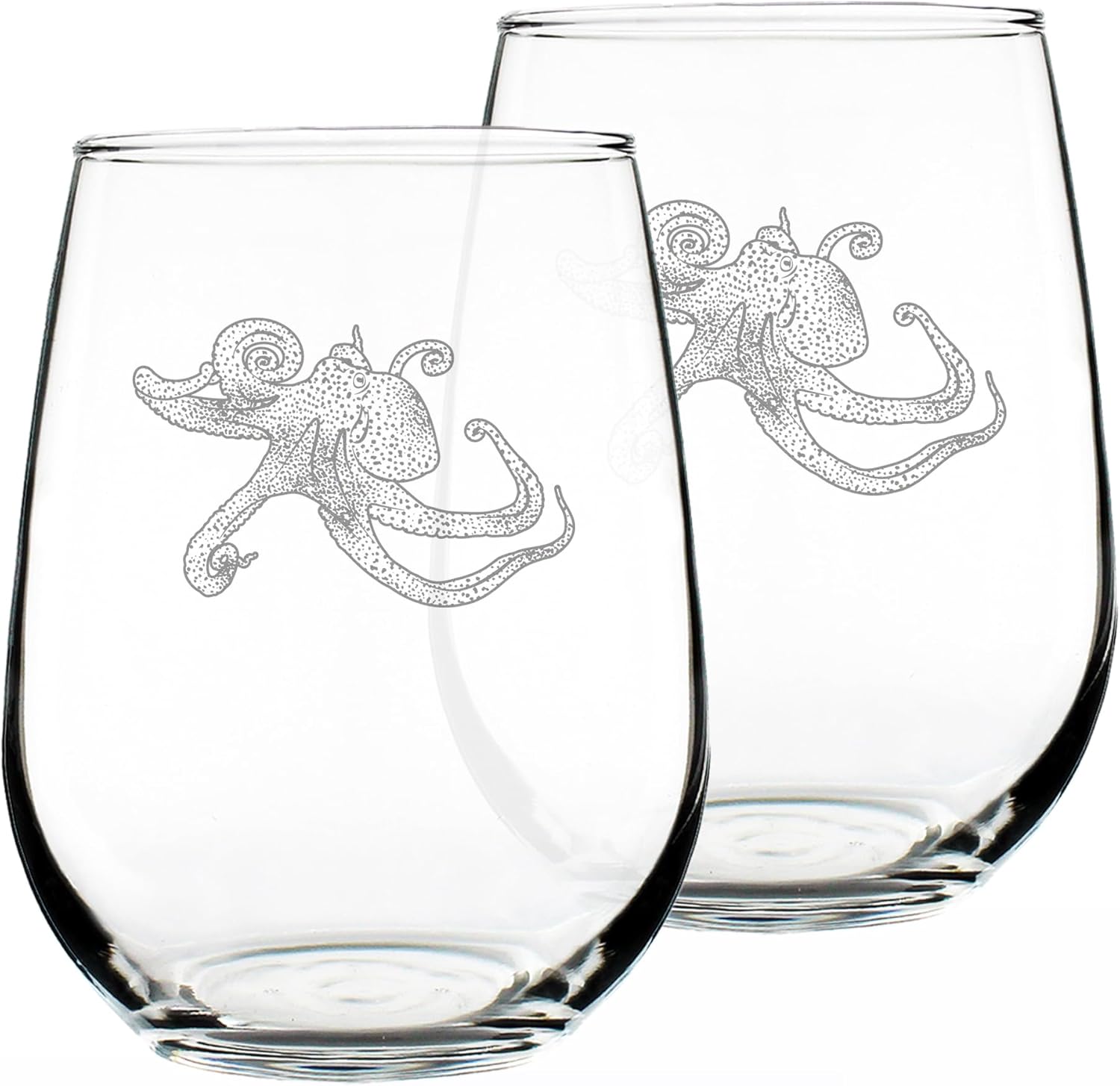 Bevvee Octopus Stemless Wine Glass - Octopus Decor or Gifts for Beach and Ocean Lovers - Engraved Design - Set of 2 - Large 17 Oz Glasses