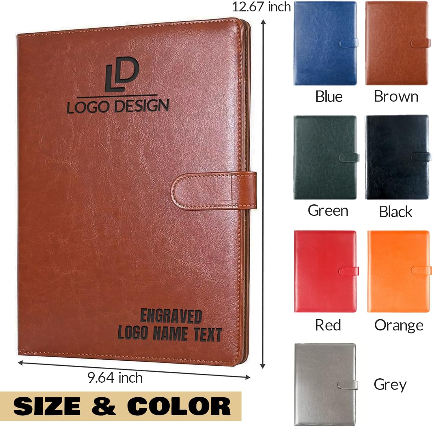 Personalized Padfolio with Engraved Logo Text Custom Leather Portfolio for Men with A4 Size Writing Pad Clipboard, File Folder Organizer for Business School Office Conference