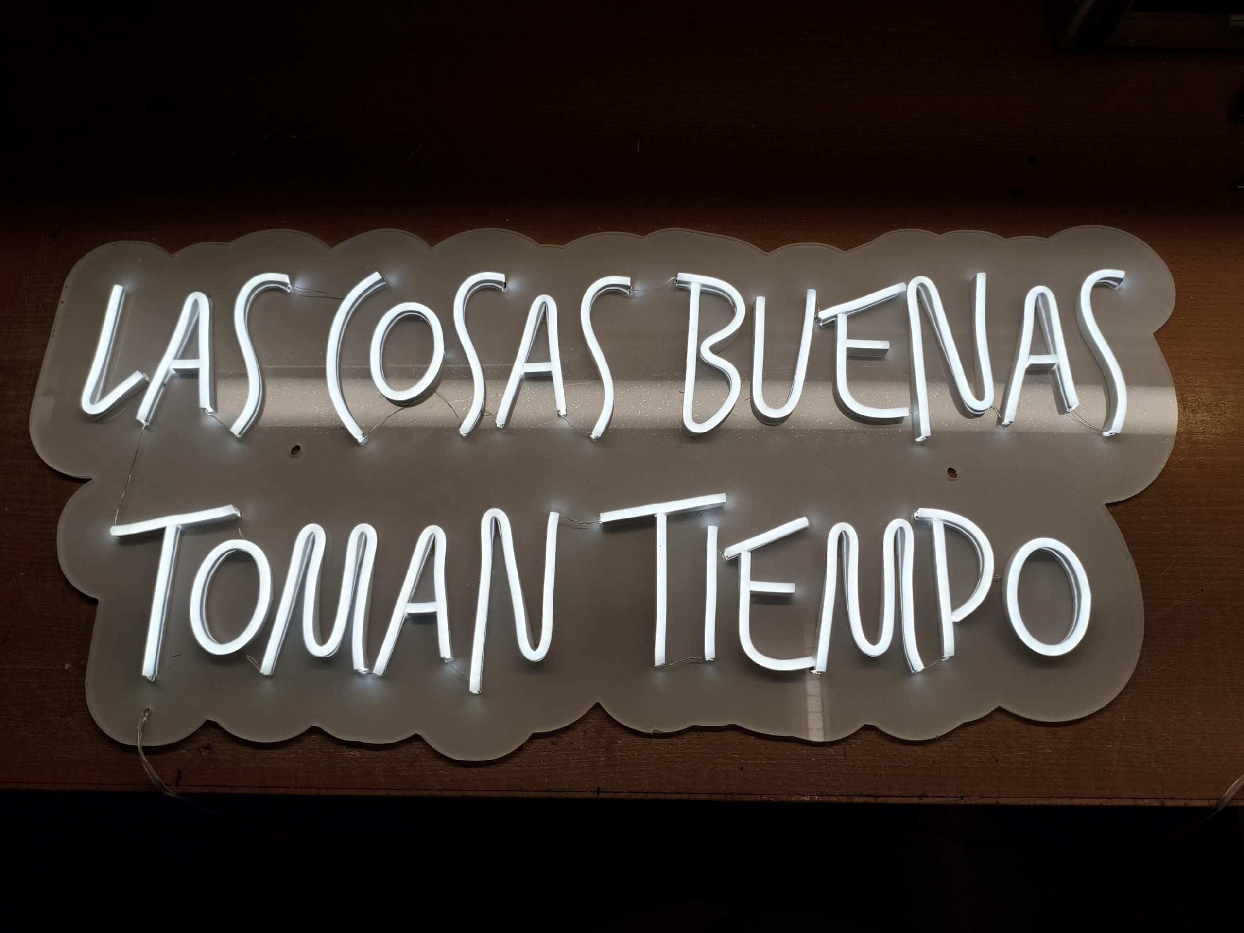 Letrero LED Decorativo de Neón 'Las Cosas Buenas Toman Tiempo', Luz de Pared con Fondo de Hojas Verdes MEDIDAS 75X35 CM ALIMENTADOR 12V