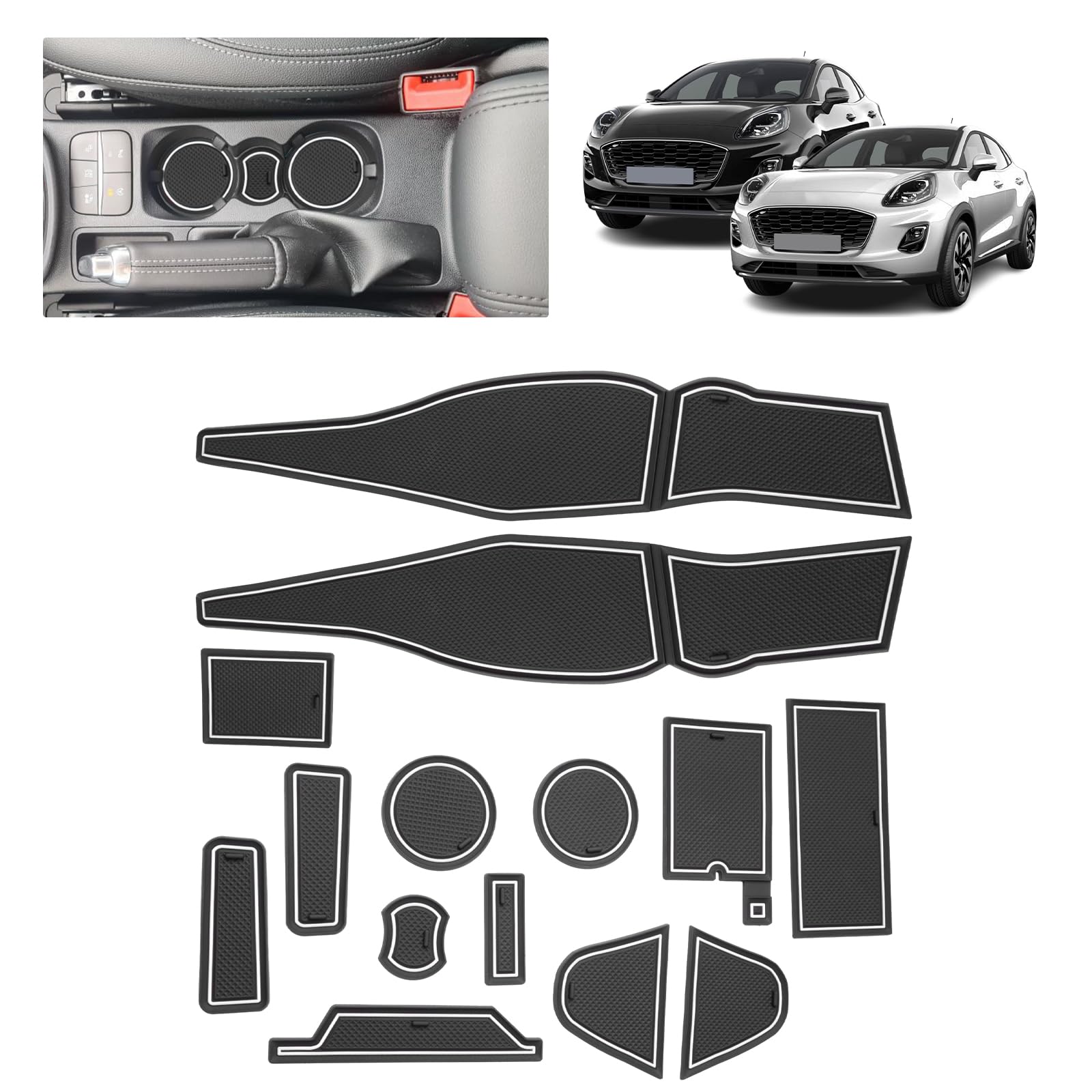 Compatibile con Ford Puma II 2020-2024 Tappetini Antiscivolo per Ford Puma ST ST-Line Titanium Tappetini in Gomma per Console Centrale, Porta Bicchieri, Scanalatura Porta (Bianco)