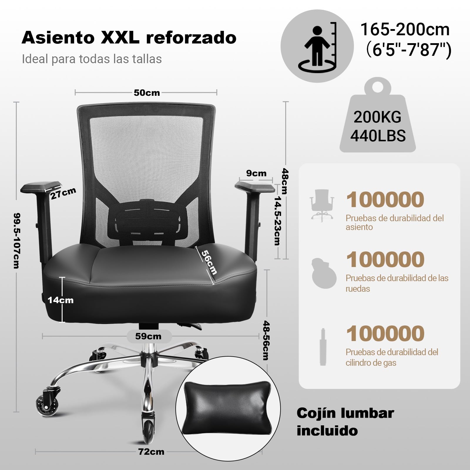 MELOKEA Silla de Oficina XXL 200 KG, Silla Ergonómica Extra Ancha | Cojín de Muelles, Ruedas Silenciosas de Goma, Respaldo Reclinable, Soporte Lumbar Ajustable [Cojín Lumbar Incluido]