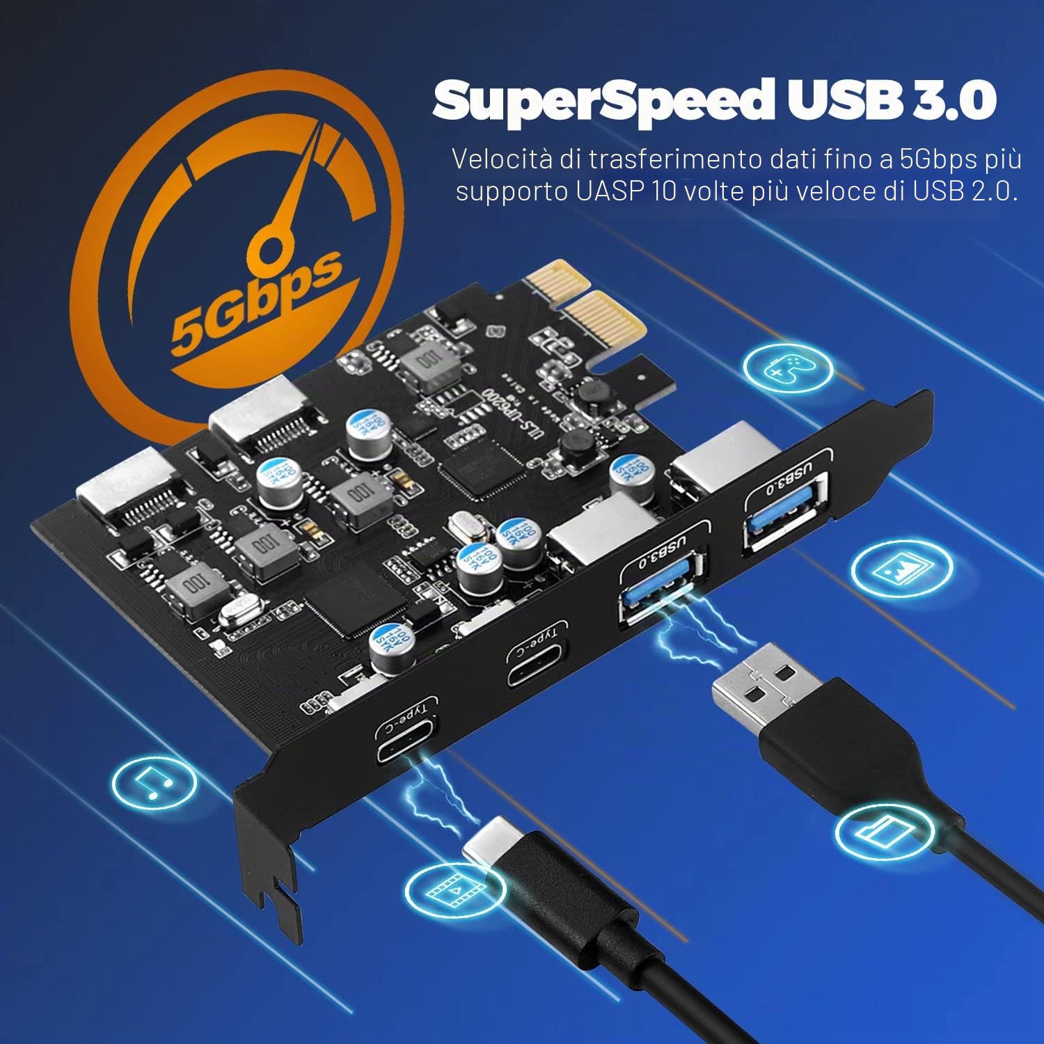 Scheda PCIe USB 3.0 con 4 Porte USB (Type-A + Type-C) e 2 Header Interni 5 Gbps per PC Windows