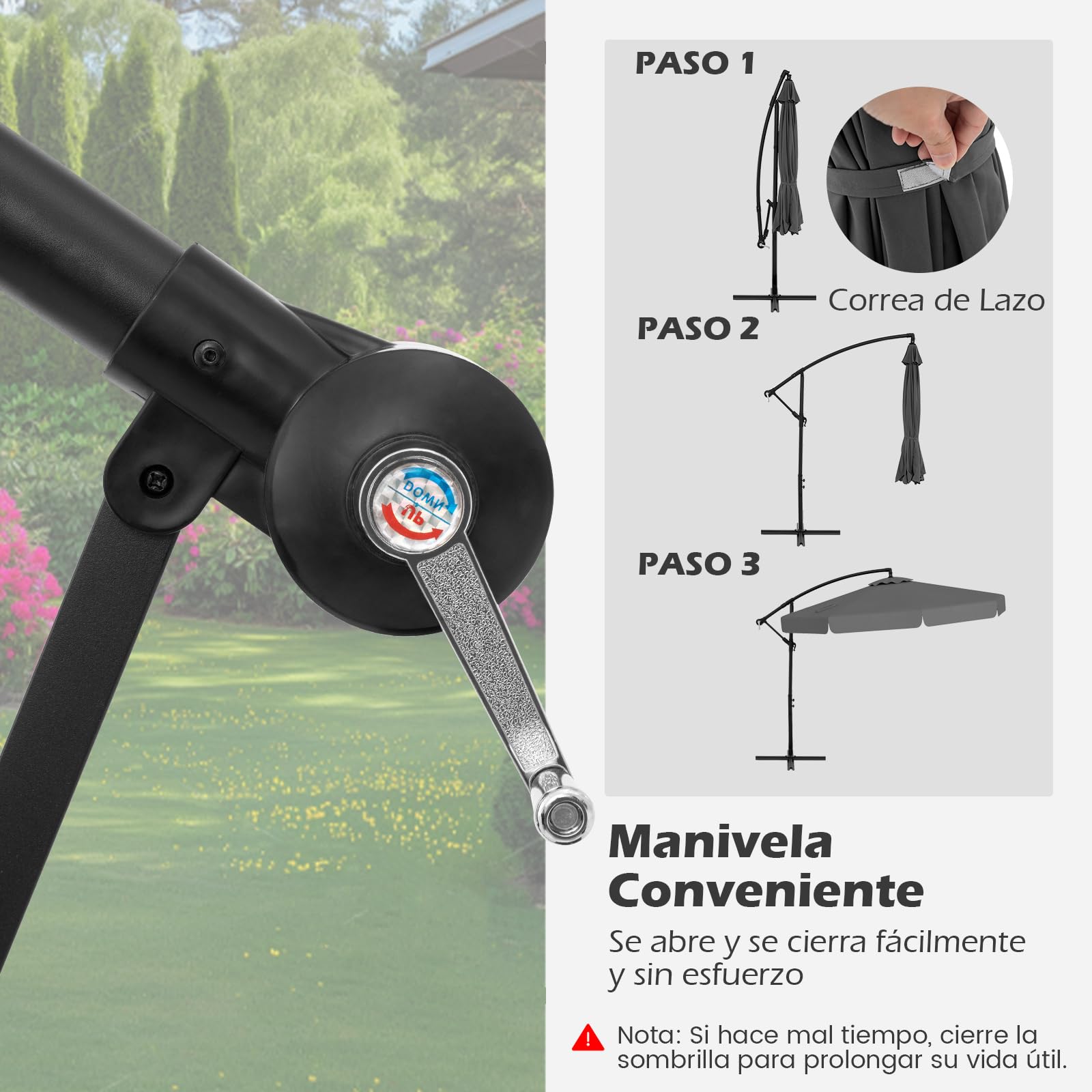 COSTWAY Sombrilla Terraza Exterior Ø290, Parasol para Patio con Funda, Sombrilla Cantilever para Jardin con Ajuste de Inclinación 35°, Manivela, 8 Varillas, Parasol para Jardín Piscina Terraza