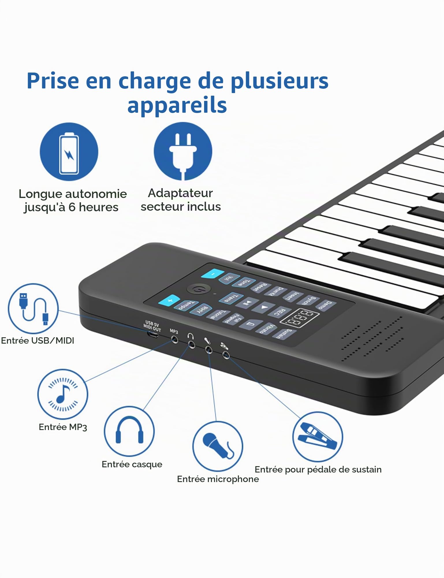 Piano Enroulable 88 Touches, Clavier de Piano électrique Rechargeable avec 128 Tonalités et Haut-parleur Intégré, Fonction MIDI Bluetooth, Piano électrique Portable(Le noir)