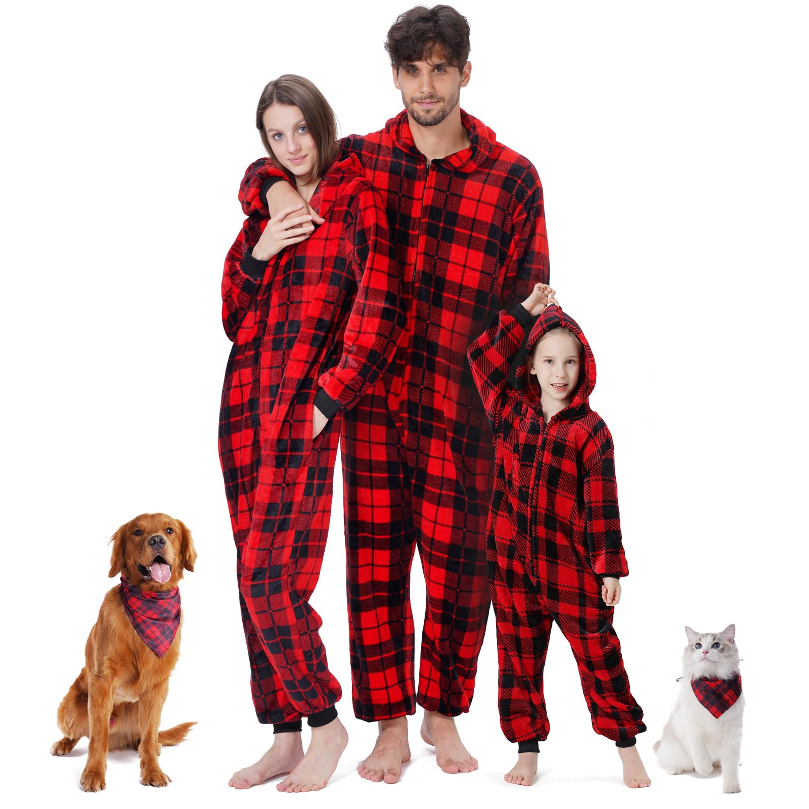 SeaforieMatching Pajamas for Couples,2024 One-Piece Red Plaid Flannel Women's Pjs,Onesies Fleece Pijamas for Adult