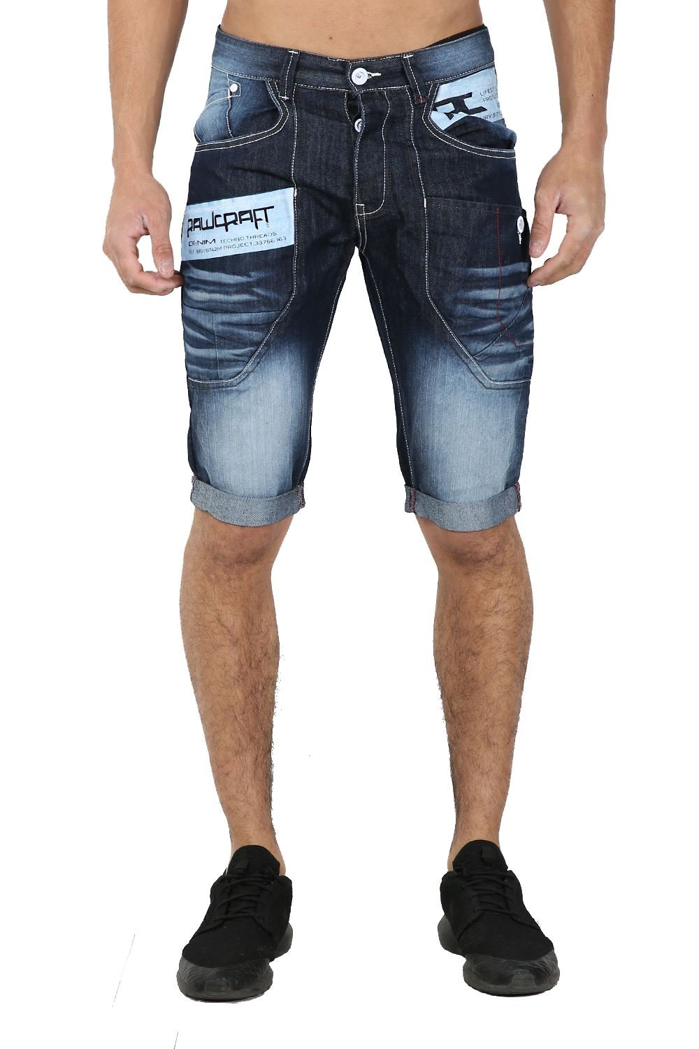 Oops Outlet Rawcraft Mens Stretchy Denim Turn Up Hem Jogging Jeans Short Summer Beach Pants