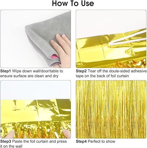 Miniatura 5 de Cortinas de flecos de papel de aluminio, telón de fondo de cortina de papel de aluminio dorado, paquete de 3 cortinas de flecos metálicos de oropel