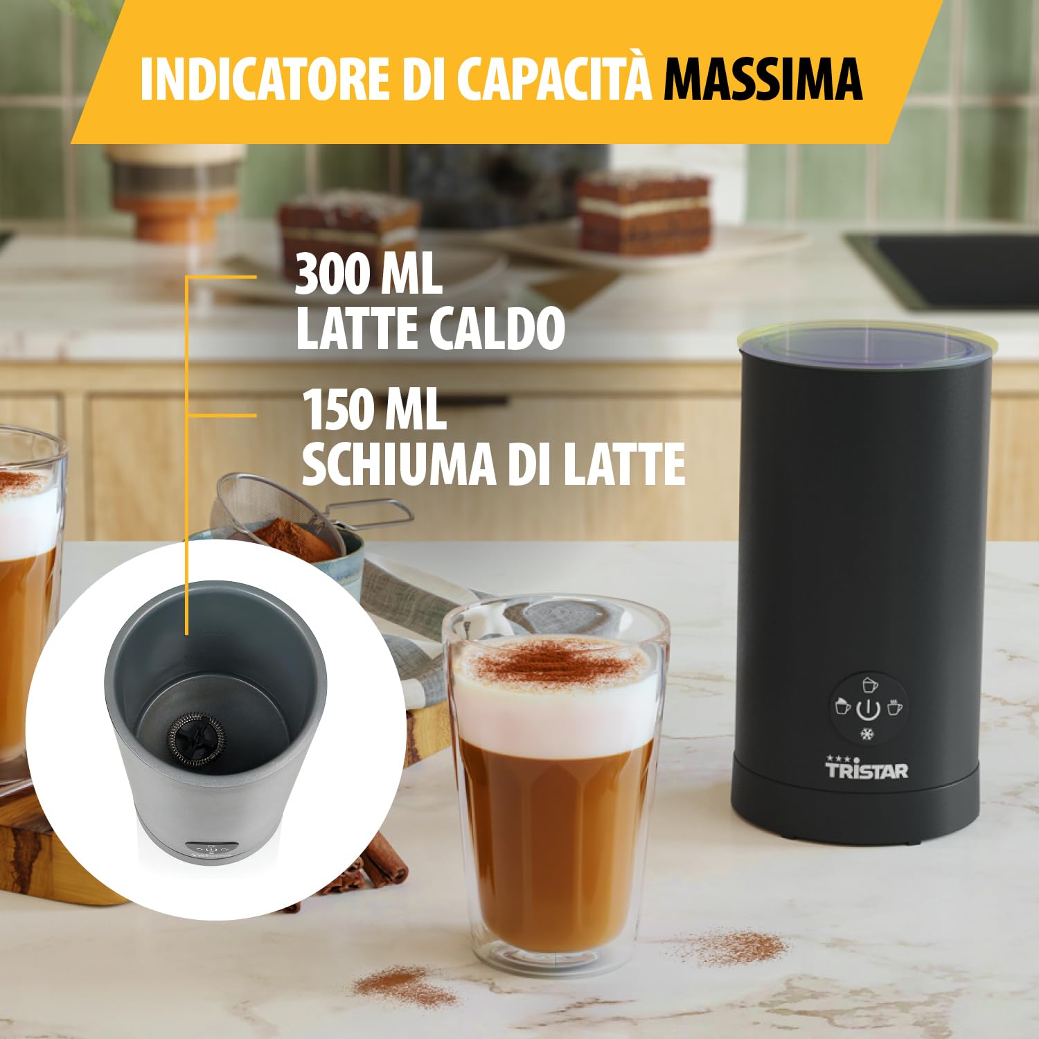 Tristar Milk Frother, Funzione 4 in 1, Potenza 500 W per Scaldare e Montare il Latte, Controllo a Un Pulsante, Caraffa Rimovibile, MK-2278