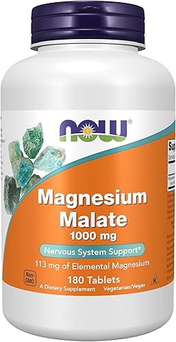 NOW Foods Suplementos, Malato de Magnesio 1000 mg, Producción de Energía*, Soporte del Sistema Nervioso*, 180 Tabletas